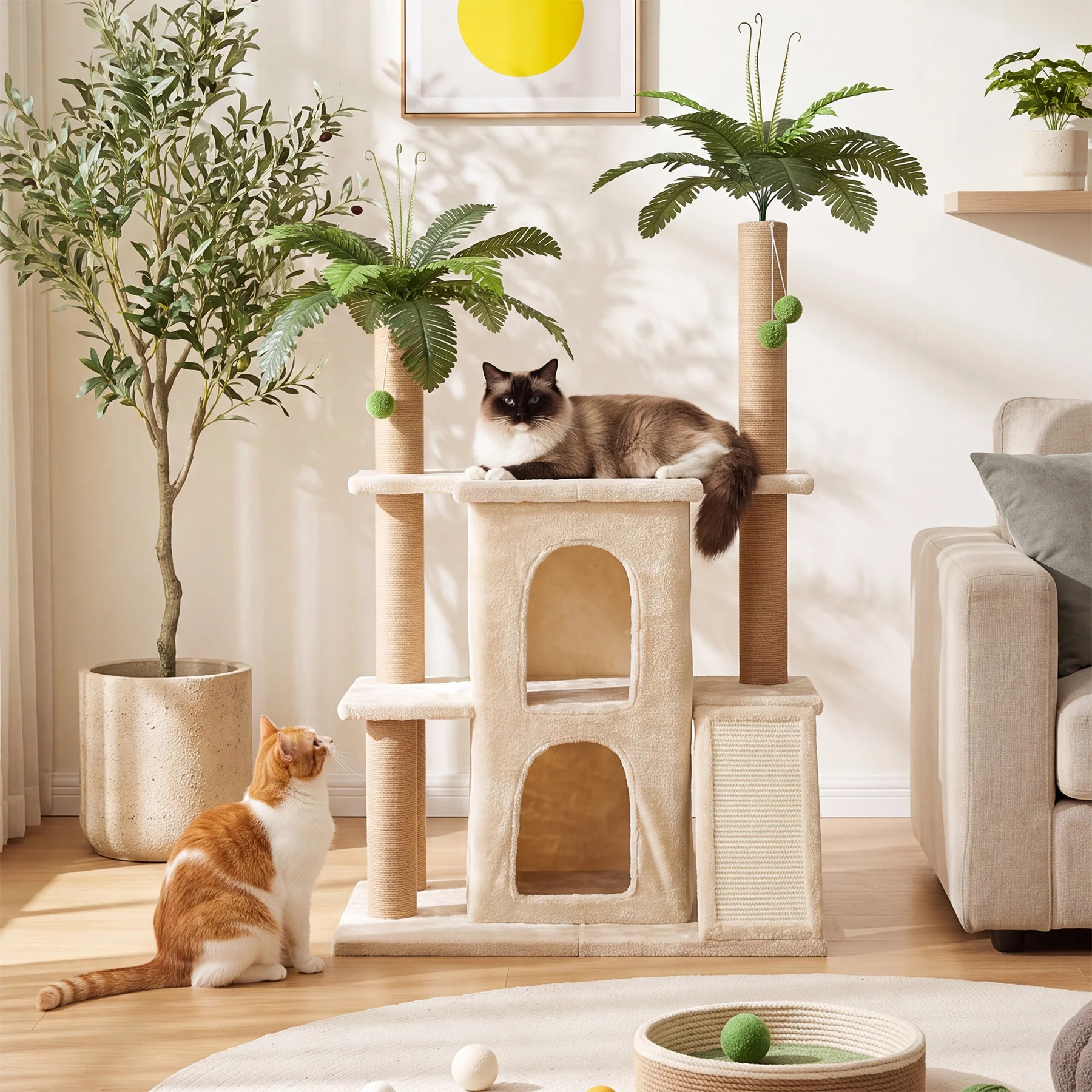 61" Tropical Palm Cat Tree Tower, Large Perch Platform for Indoor Cats - Image 5