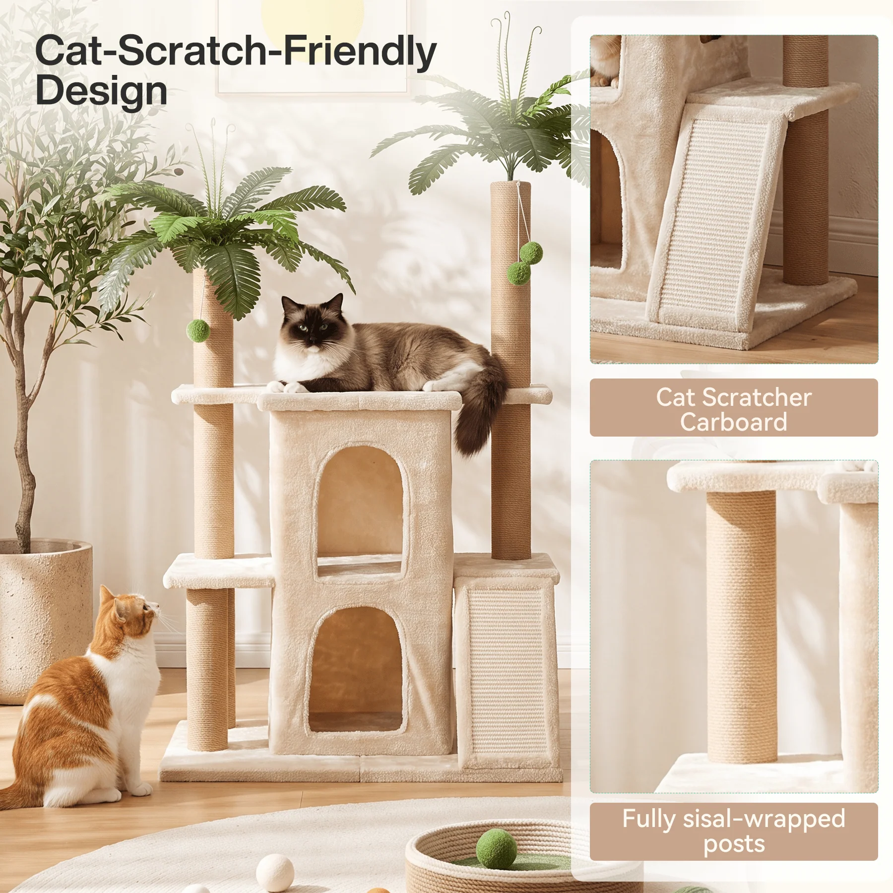 61" Tropical Palm Cat Tree Tower, Large Perch Platform for Indoor Cats - Image 6