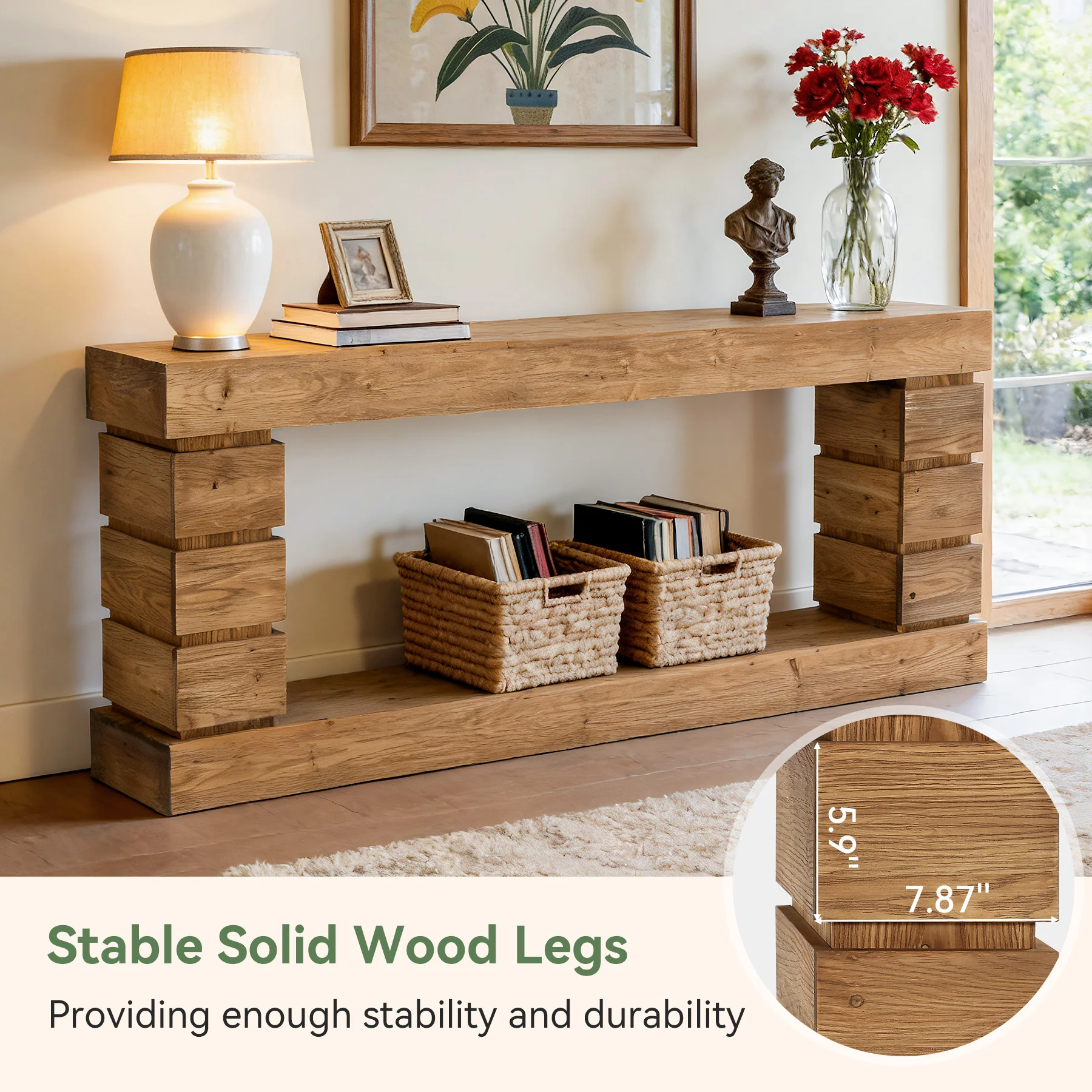 62.9" Solid Wood Console Table with Storage Shelf, Narrow Entryway Sofa Table for Hallway or Living Room - Image 8