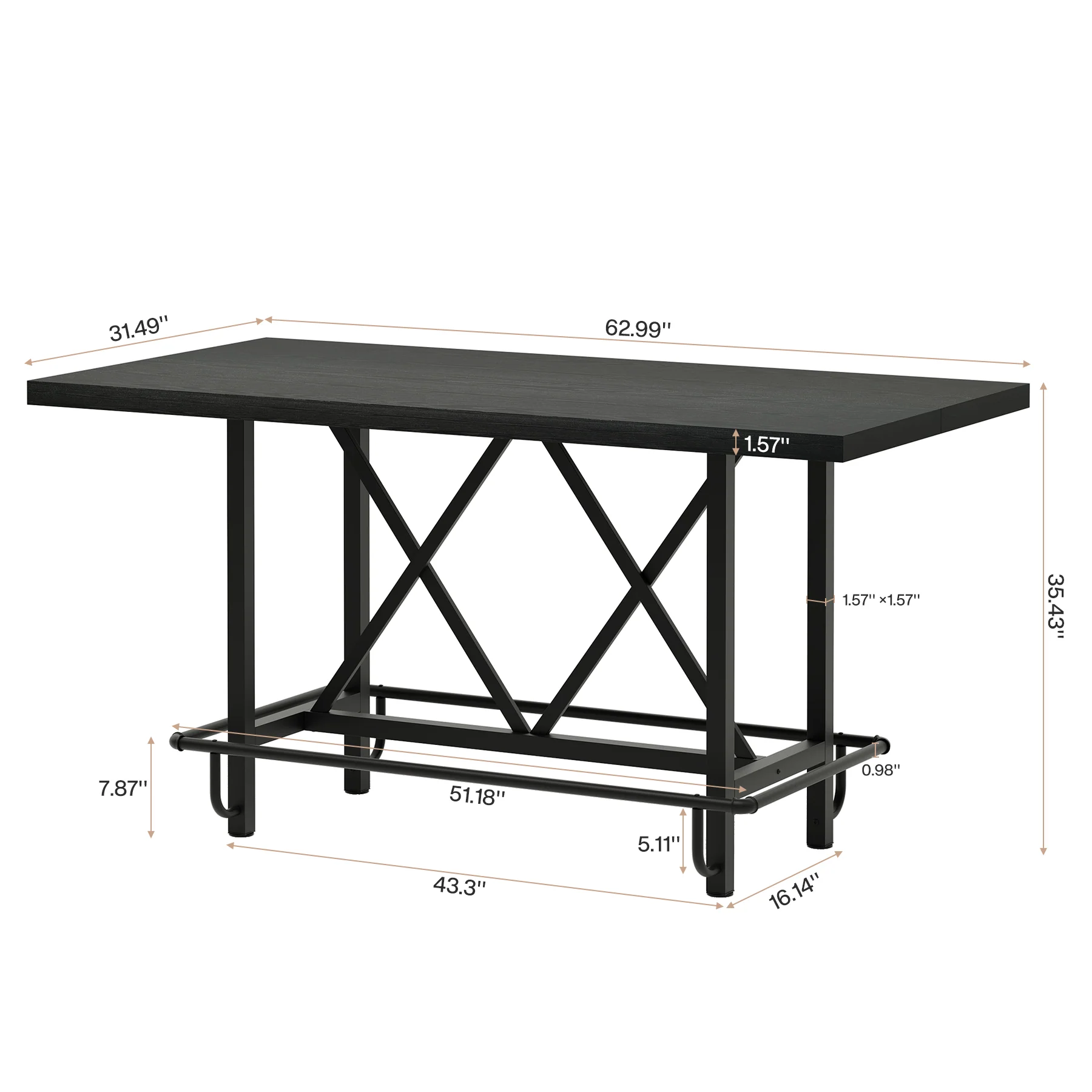 62.99" Counter Height Bar Table, Rectangular Farmhouse Pub Table for Kitchen or Dining Area - Image 16