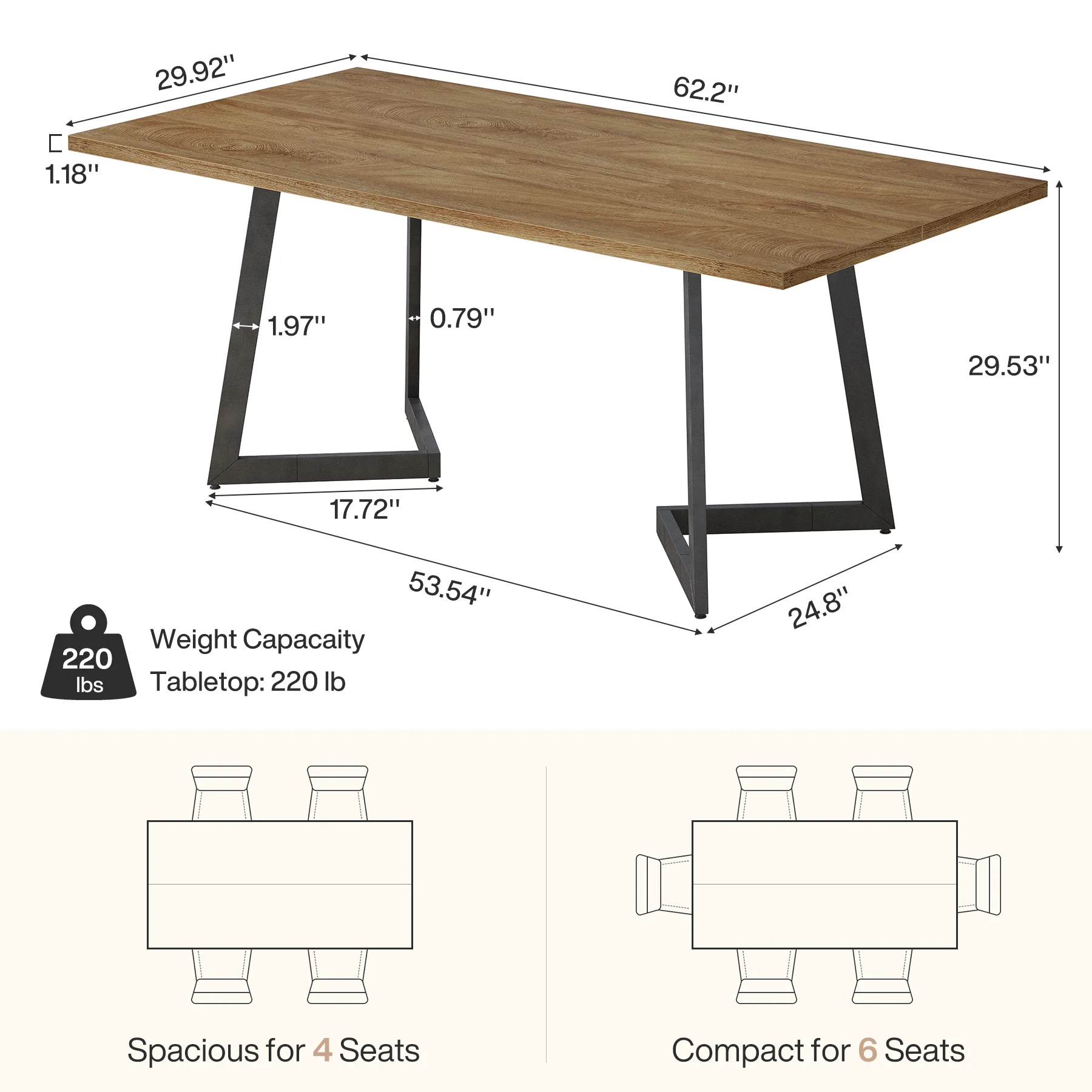 62" Rectangular Dining Table for 6, Modern Farmhouse Kitchen Table with Metal Legs for Dining Room - Image 2