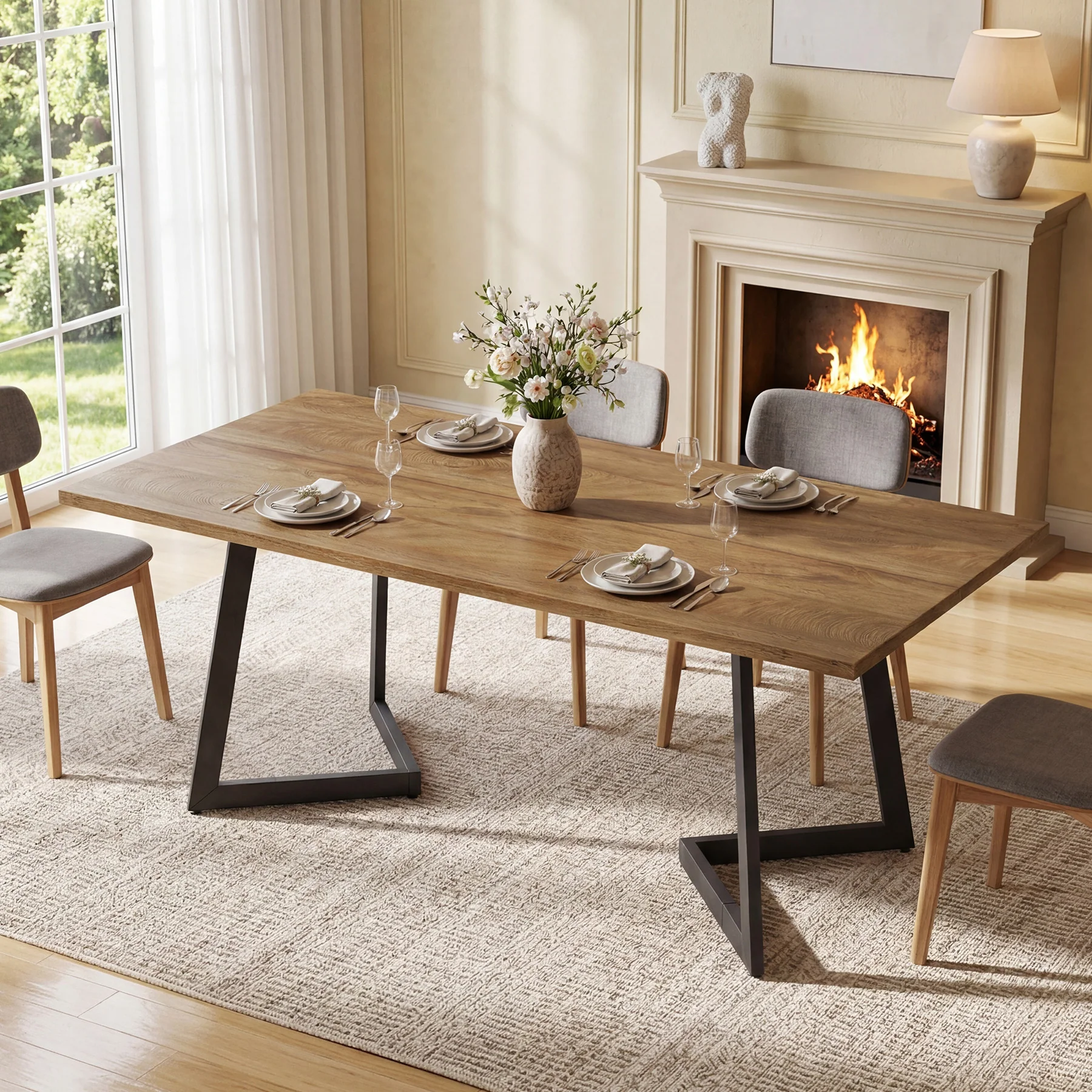62" Rectangular Dining Table for 6, Modern Farmhouse Kitchen Table with Metal Legs for Dining Room - Image 3