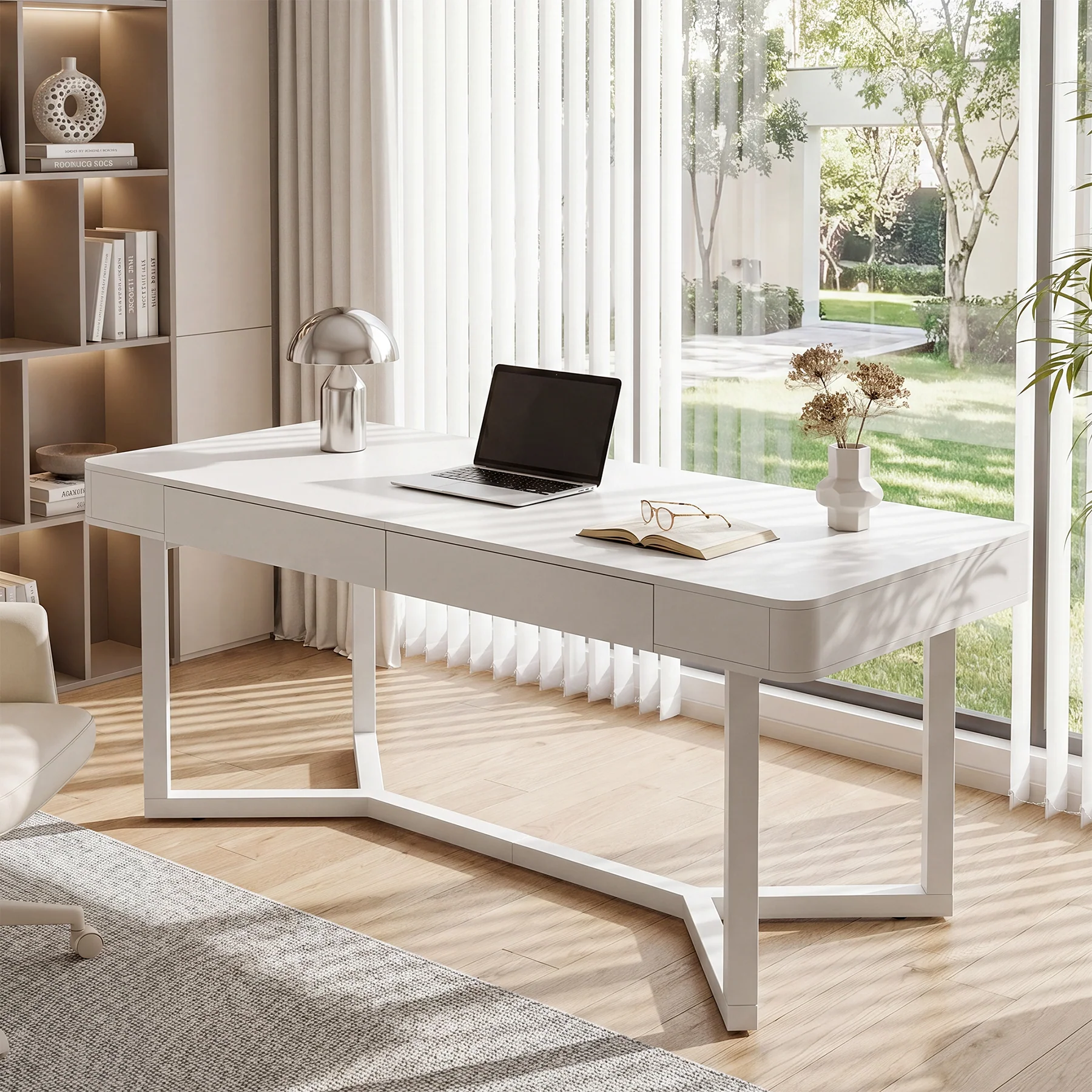 63" Computer Desk with 2 Drawers, Modern Executive Desk Home Office Desk with Metal Base