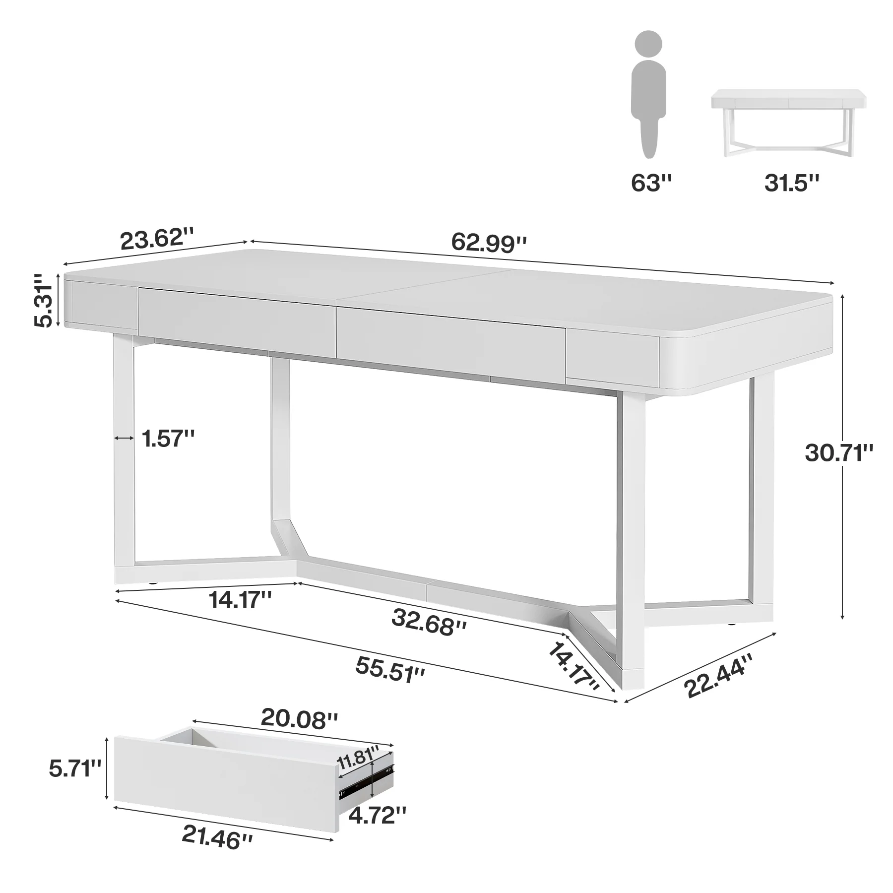 63" Computer Desk with 2 Drawers, Modern Executive Desk Home Office Desk with Metal Base - Image 2