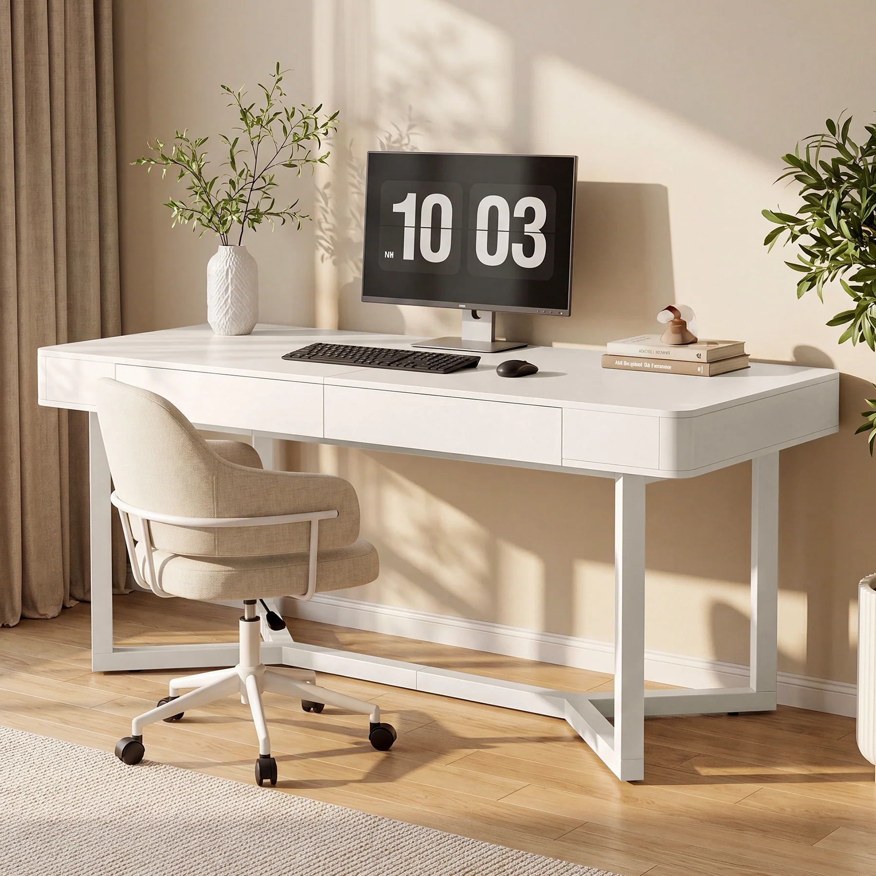 63" Computer Desk with 2 Drawers, Modern Executive Desk Home Office Desk with Metal Base - Image 3