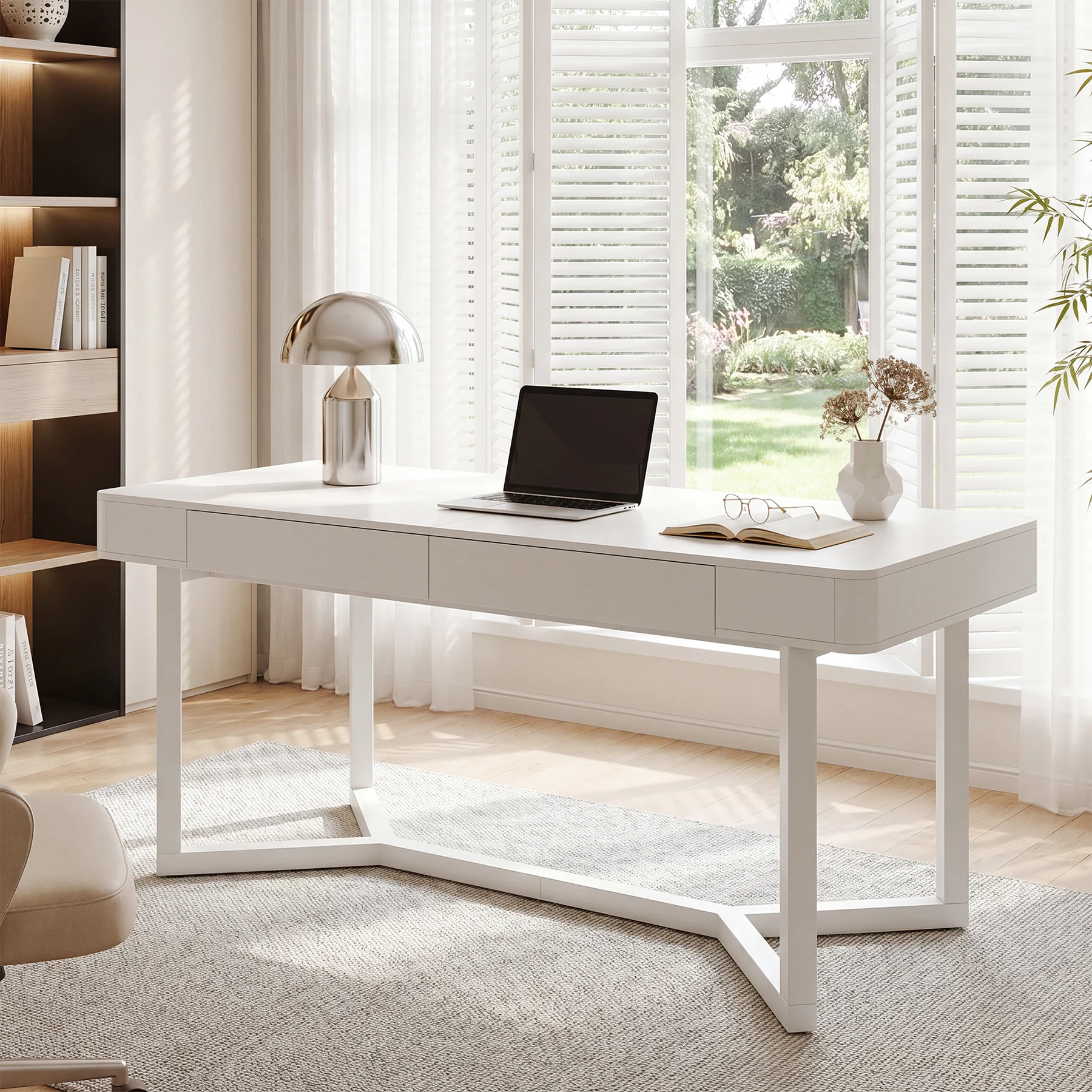 63" Computer Desk with 2 Drawers, Modern Executive Desk Home Office Desk with Metal Base - Image 4