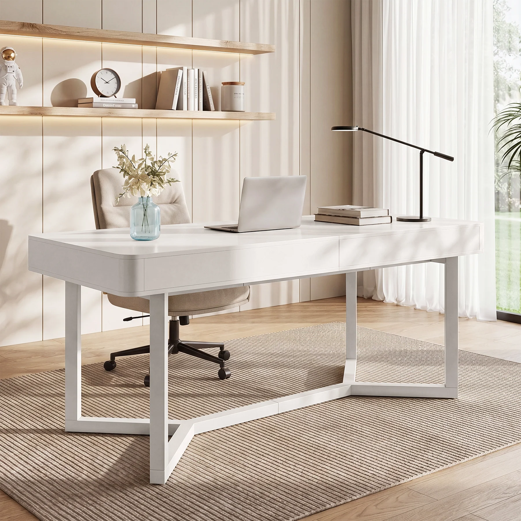63" Computer Desk with 2 Drawers, Modern Executive Desk Home Office Desk with Metal Base - Image 5