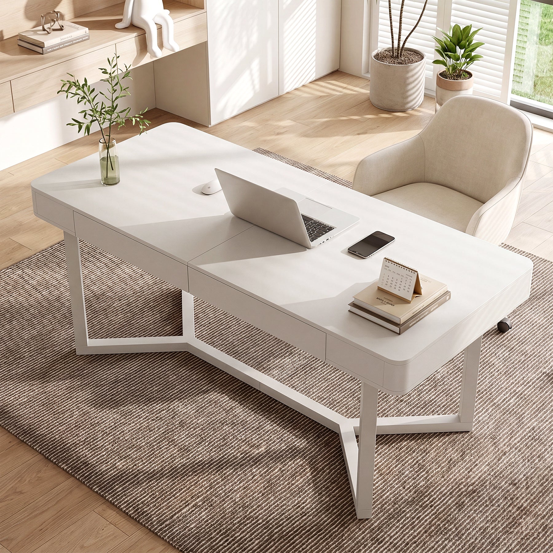63" Computer Desk with 2 Drawers, Modern Executive Desk Home Office Desk with Metal Base - Image 6