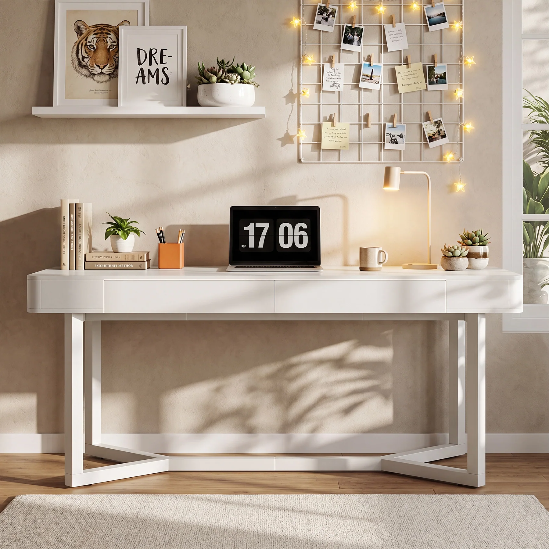 63" Computer Desk with 2 Drawers, Modern Executive Desk Home Office Desk with Metal Base - Image 7