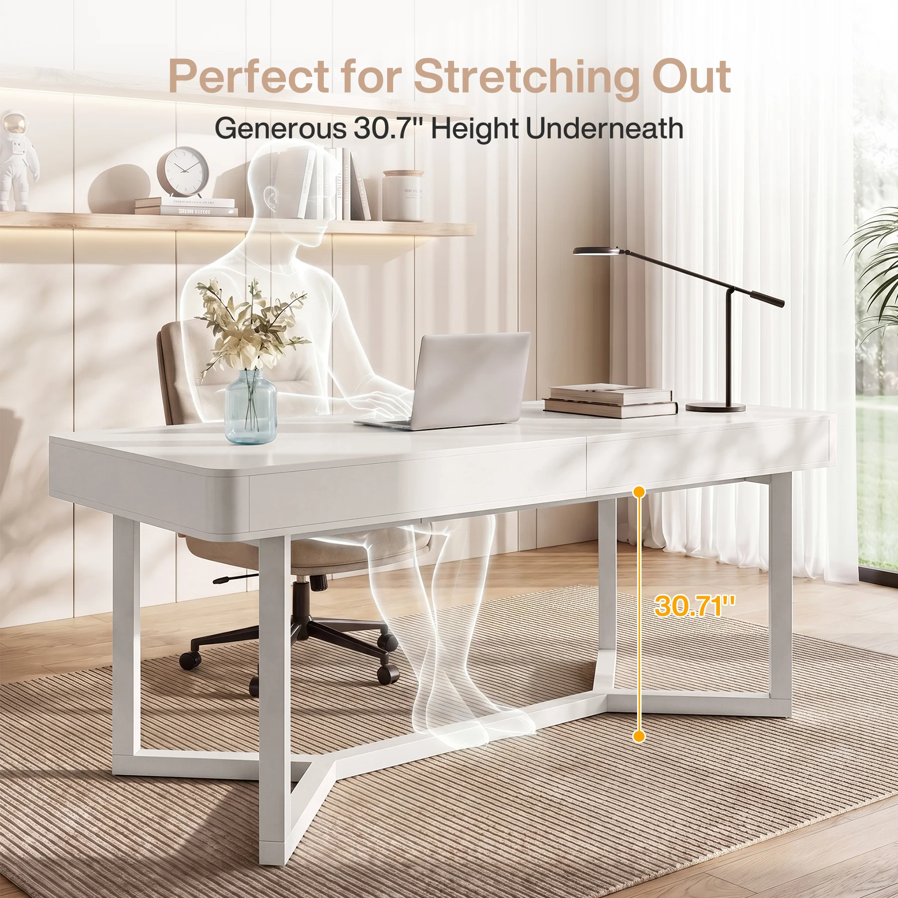 63" Computer Desk with 2 Drawers, Modern Executive Desk Home Office Desk with Metal Base - Image 9