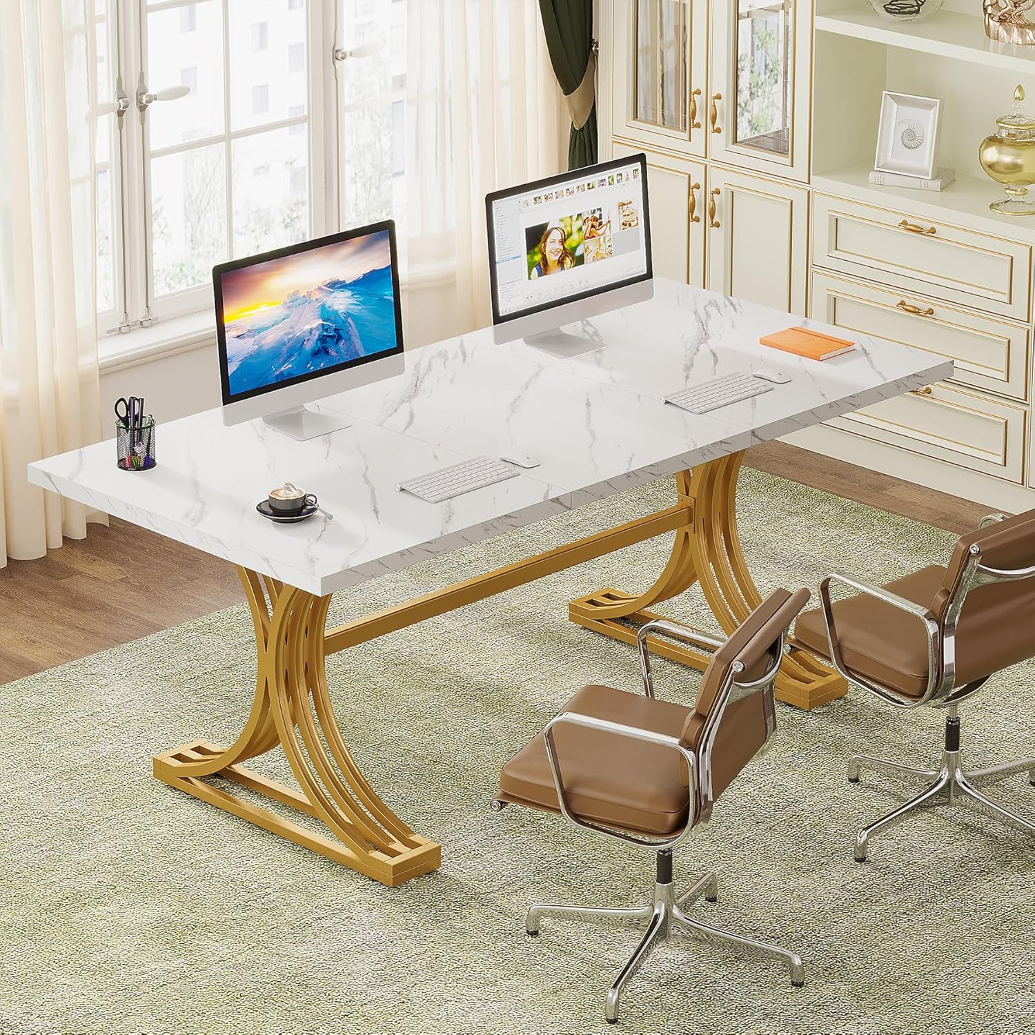 63" Computer Desk with Faux Marble Surface and Gold Metal Base, Modern Executive Desk