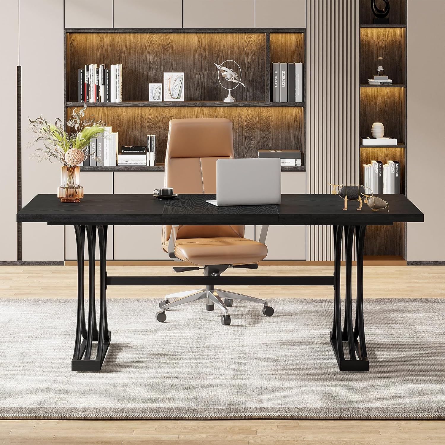 63" Computer Desk with Faux Marble Surface and Gold Metal Base, Modern Executive Desk - Image 12