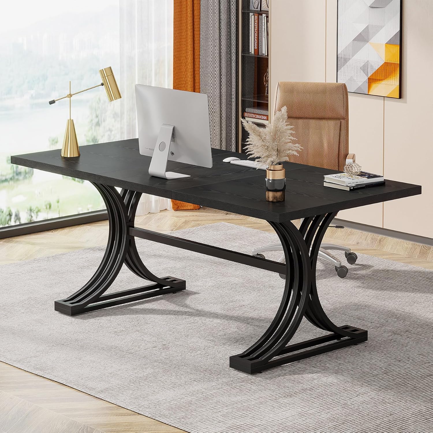 63" Computer Desk with Faux Marble Surface and Gold Metal Base, Modern Executive Desk - Image 13
