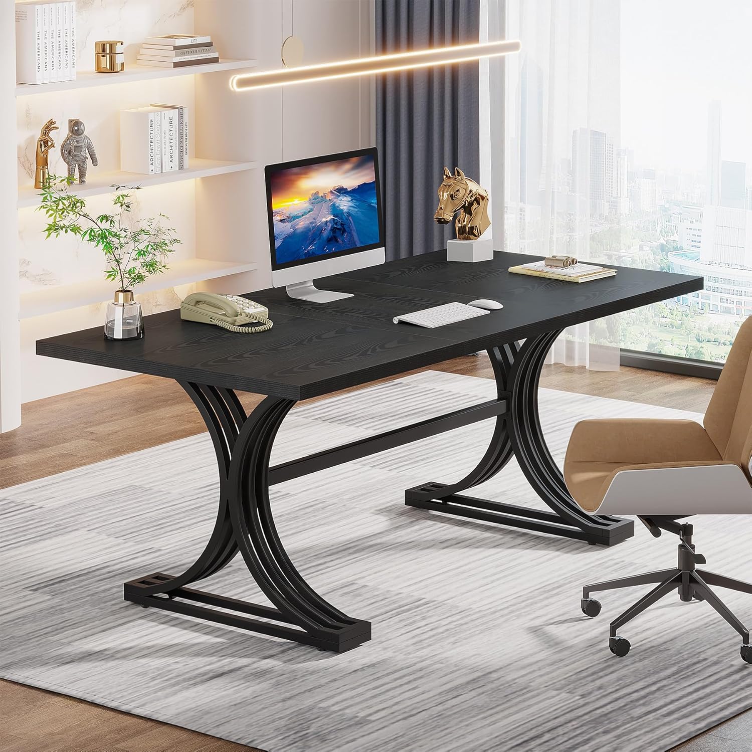 63" Computer Desk with Faux Marble Surface and Gold Metal Base, Modern Executive Desk - Image 14