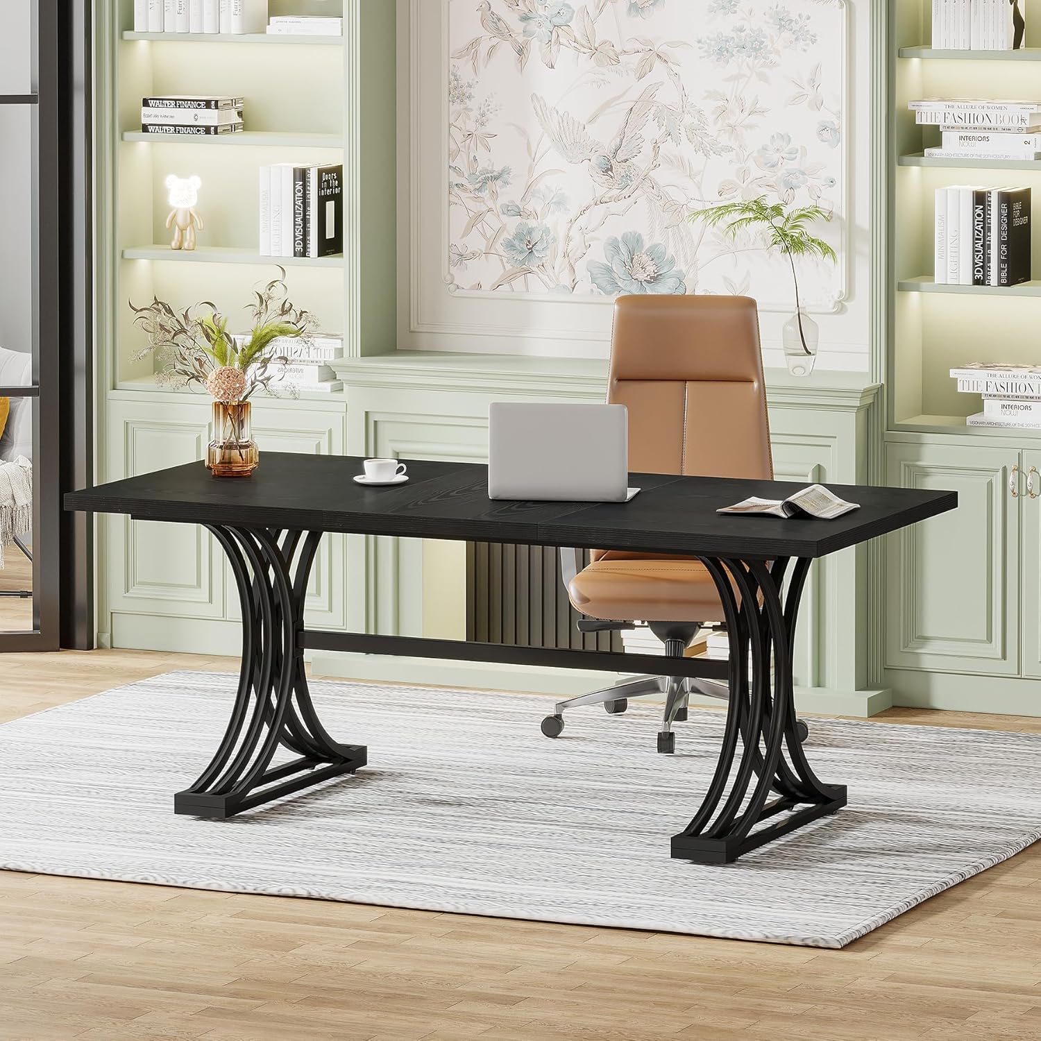 63" Computer Desk with Faux Marble Surface and Gold Metal Base, Modern Executive Desk - Image 15