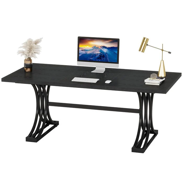 63" Computer Desk with Faux Marble Surface and Gold Metal Base, Modern Executive Desk - Image 16