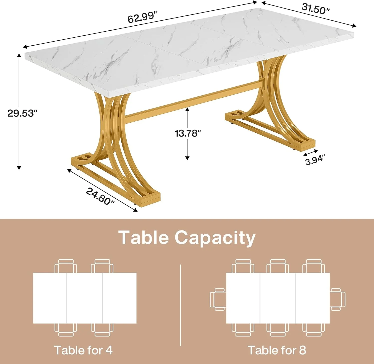 63" Computer Desk with Faux Marble Surface and Gold Metal Base, Modern Executive Desk - Image 2