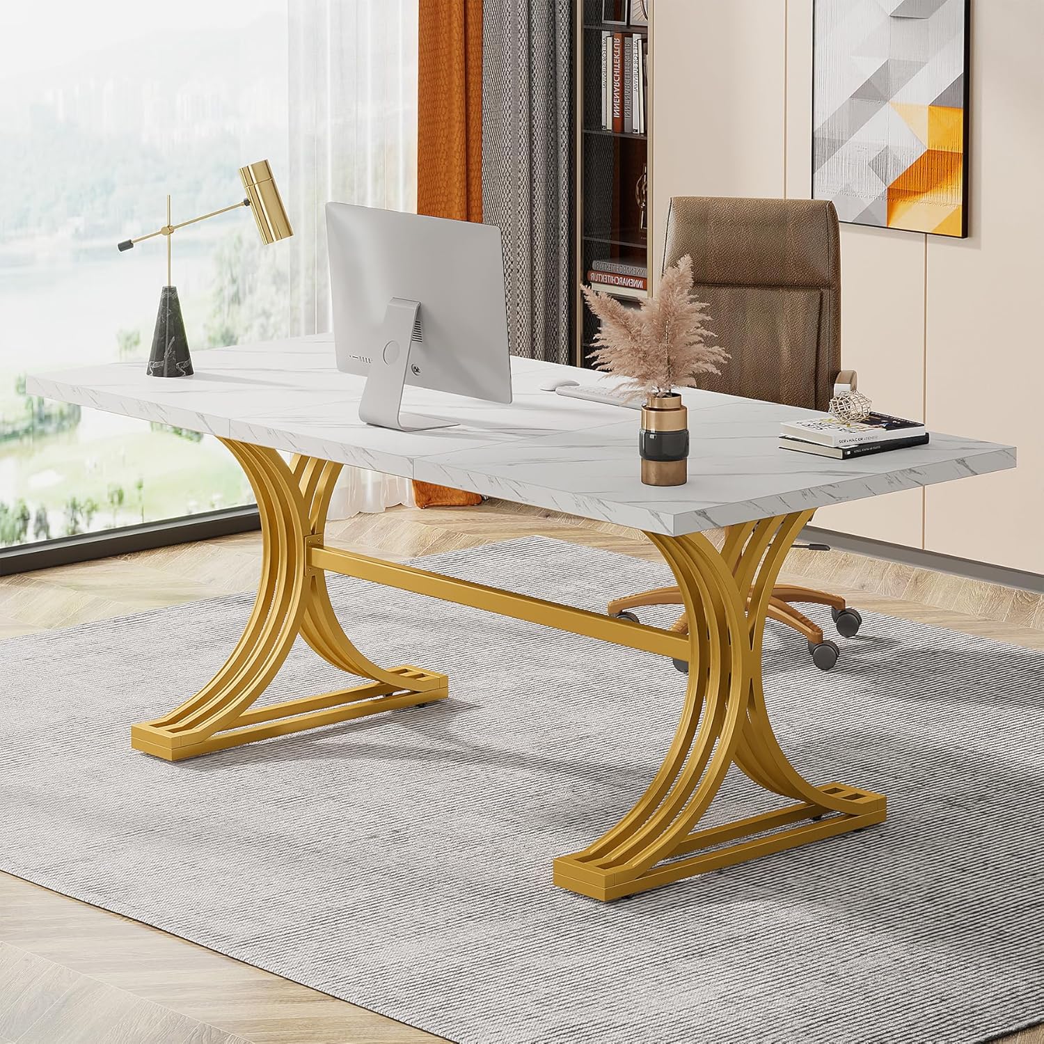 63" Computer Desk with Faux Marble Surface and Gold Metal Base, Modern Executive Desk - Image 3