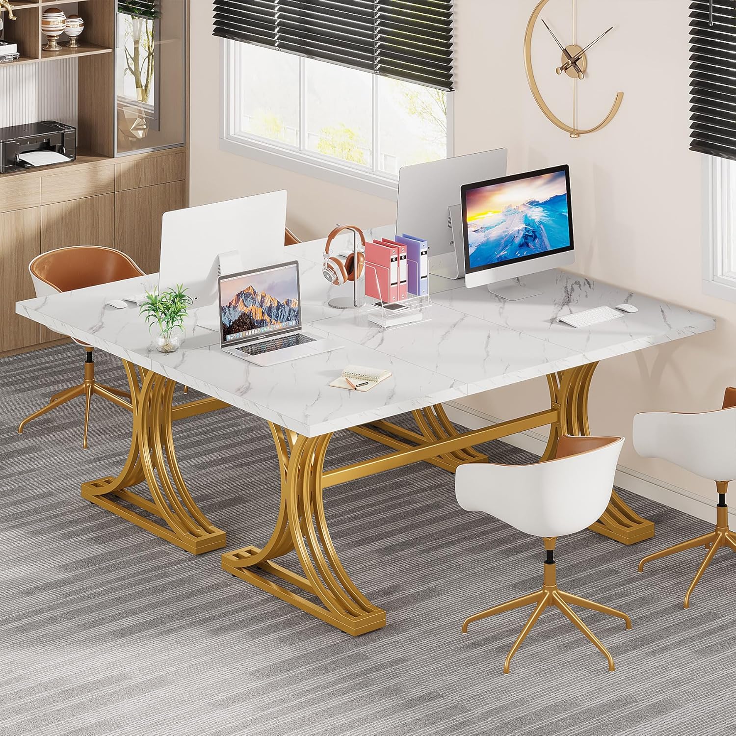63" Computer Desk with Faux Marble Surface and Gold Metal Base, Modern Executive Desk - Image 4