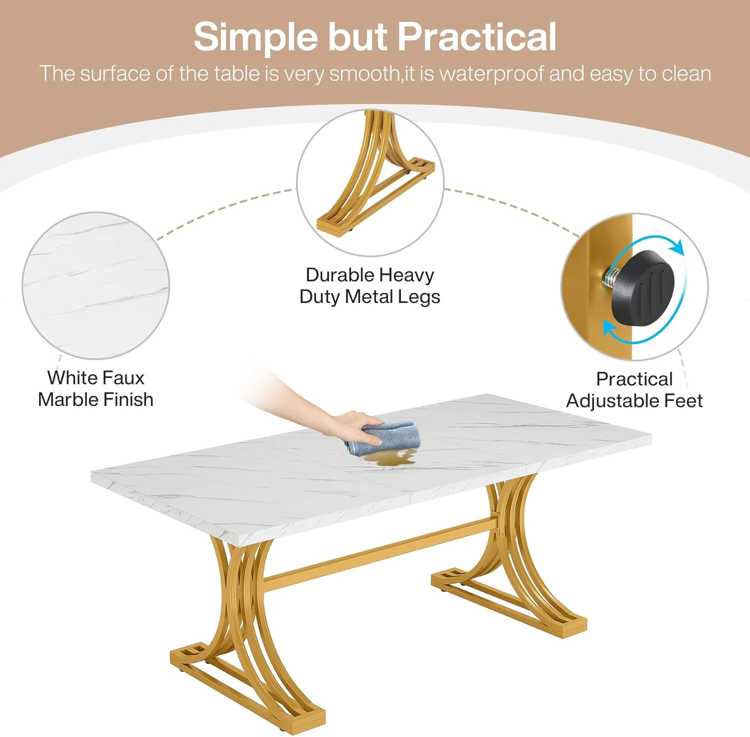 63" Computer Desk with Faux Marble Surface and Gold Metal Base, Modern Executive Desk - Image 5