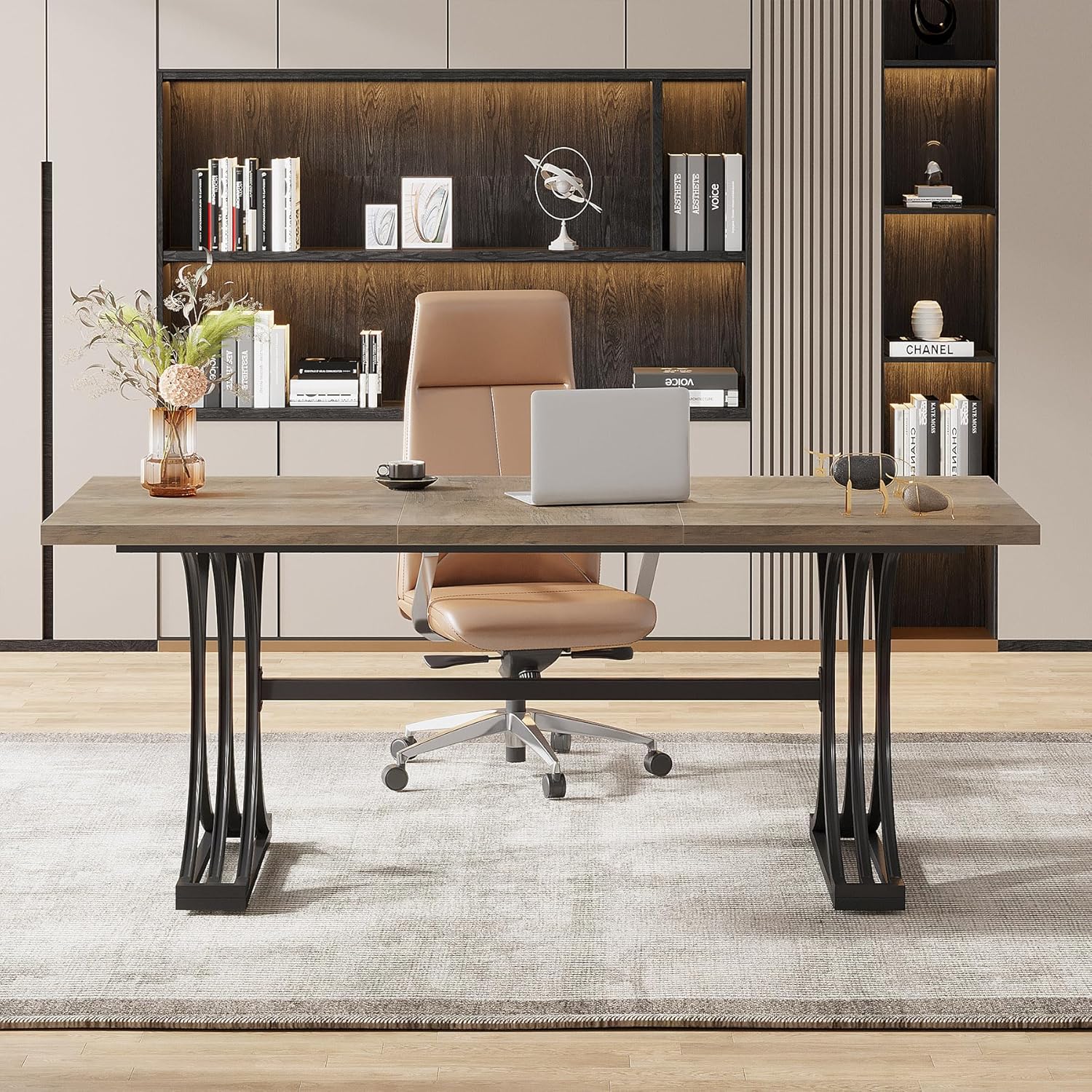 63" Computer Desk with Faux Marble Surface and Gold Metal Base, Modern Executive Desk - Image 6
