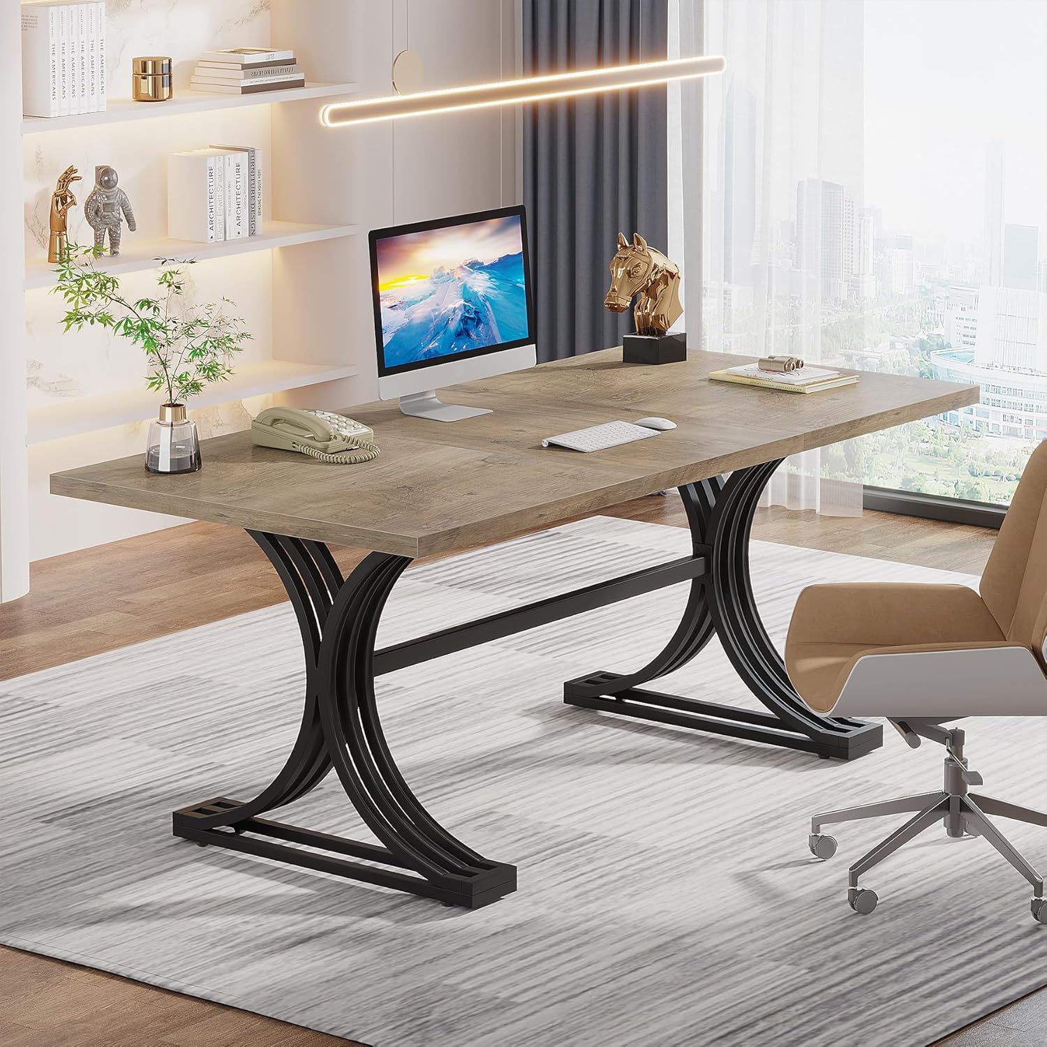 63" Computer Desk with Faux Marble Surface and Gold Metal Base, Modern Executive Desk - Image 7