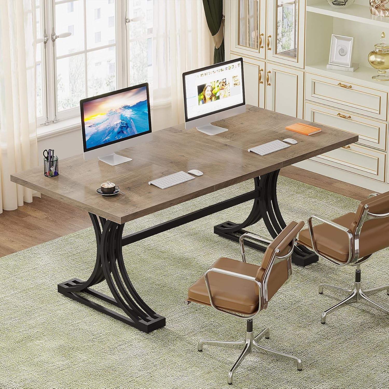 63" Computer Desk with Faux Marble Surface and Gold Metal Base, Modern Executive Desk - Image 8