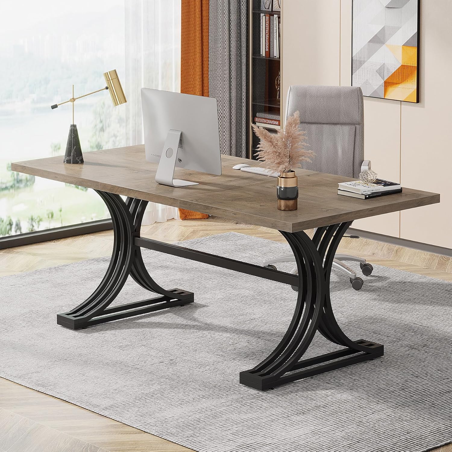 63" Computer Desk with Faux Marble Surface and Gold Metal Base, Modern Executive Desk - Image 9