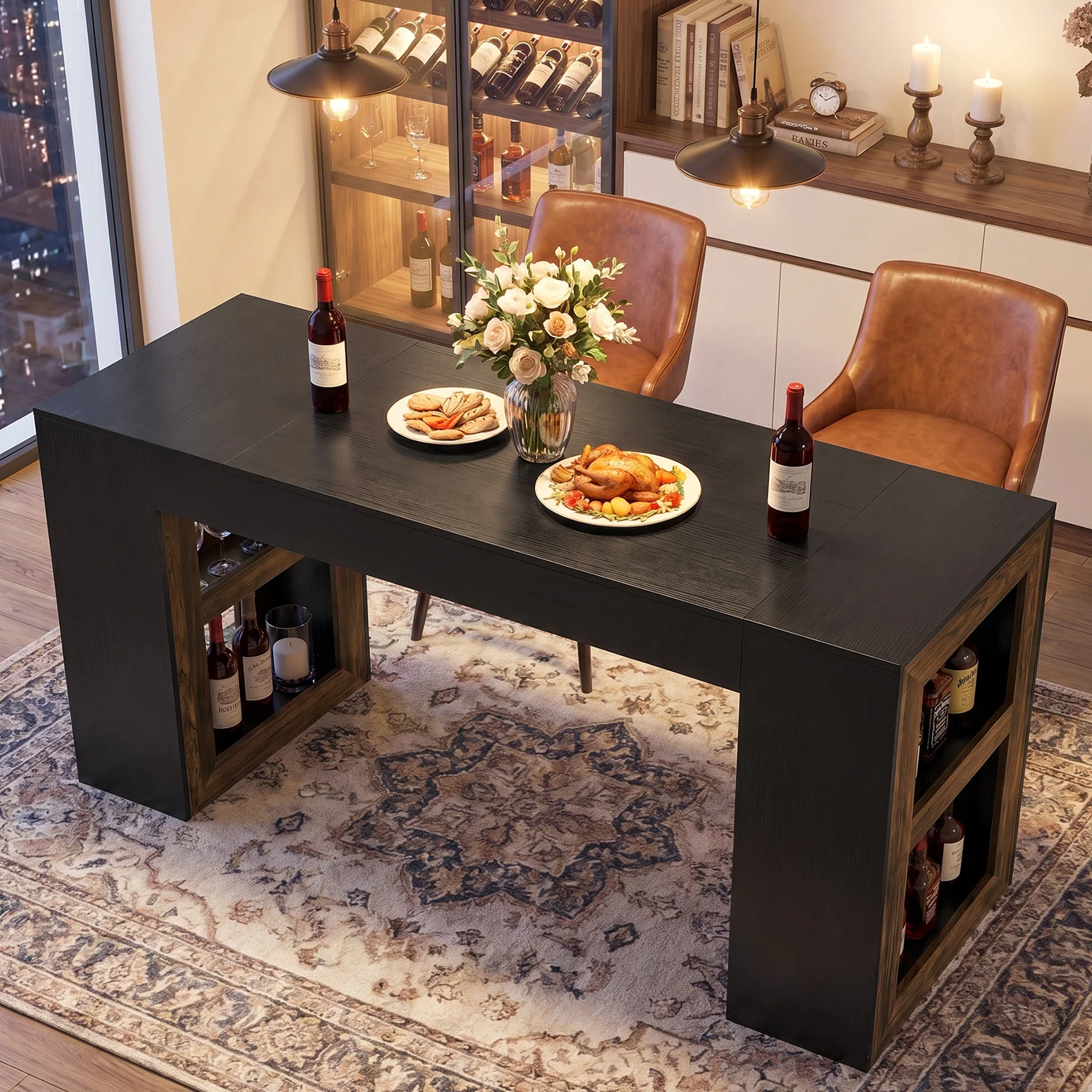 63" Counter Height Bar Table with Storage Shelves, Industrial Pub Table for Kitchen, Dining Room & Home Bar - Image 4