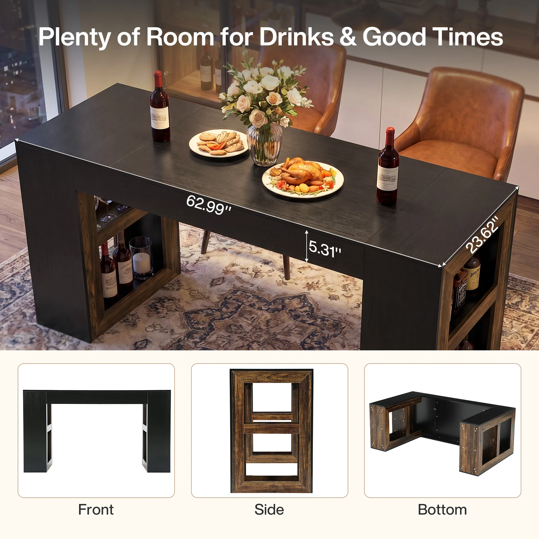 63" Counter Height Bar Table with Storage Shelves, Industrial Pub Table for Kitchen, Dining Room & Home Bar - Image 8