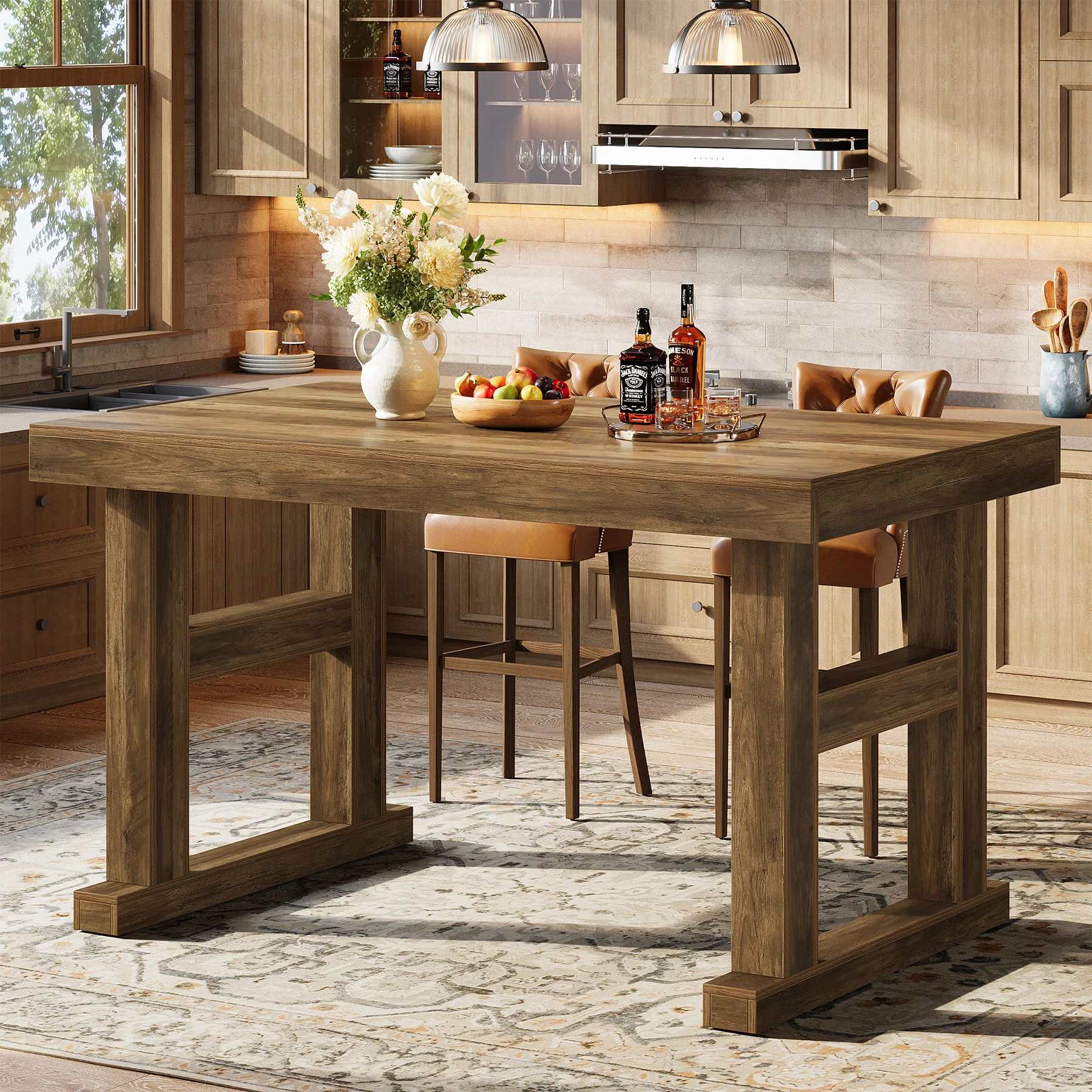 63" Farmhouse Bar Table, Counter Height Pub Table for 4-6 People with Sturdy H-Frame Legs - Image 3