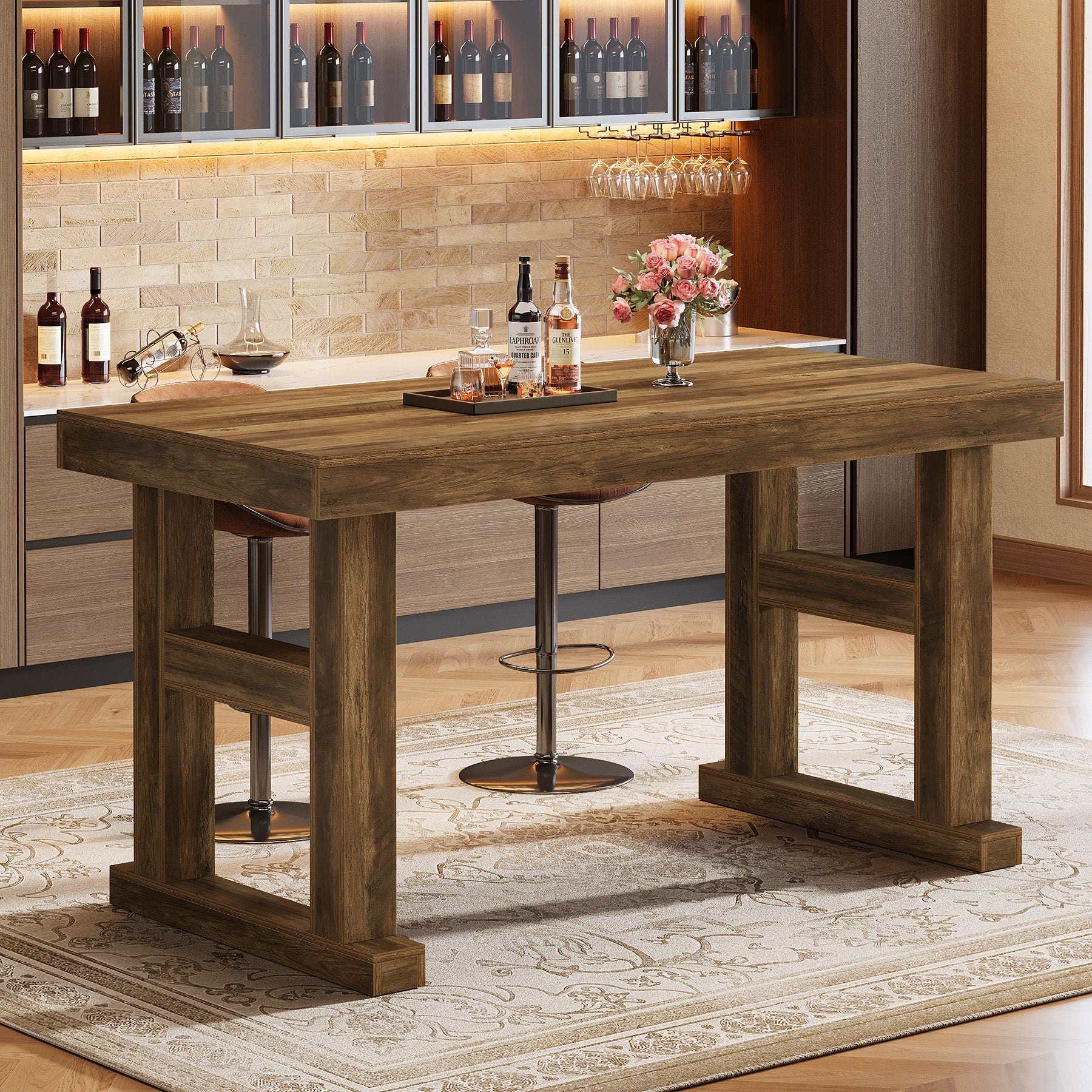 63" Farmhouse Bar Table, Counter Height Pub Table for 4-6 People with Sturdy H-Frame Legs - Image 4