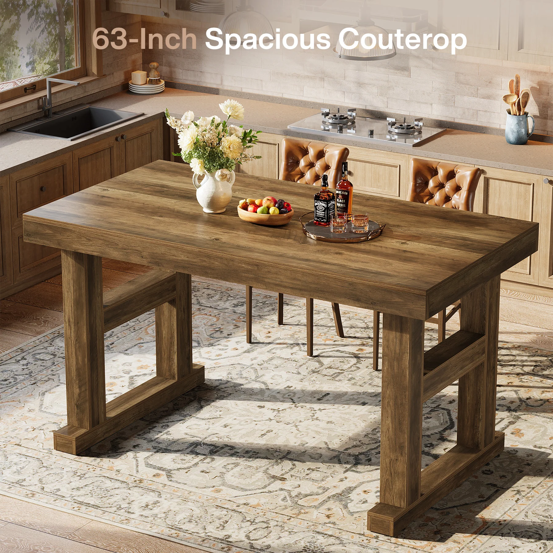63" Farmhouse Bar Table, Counter Height Pub Table for 4-6 People with Sturdy H-Frame Legs - Image 6