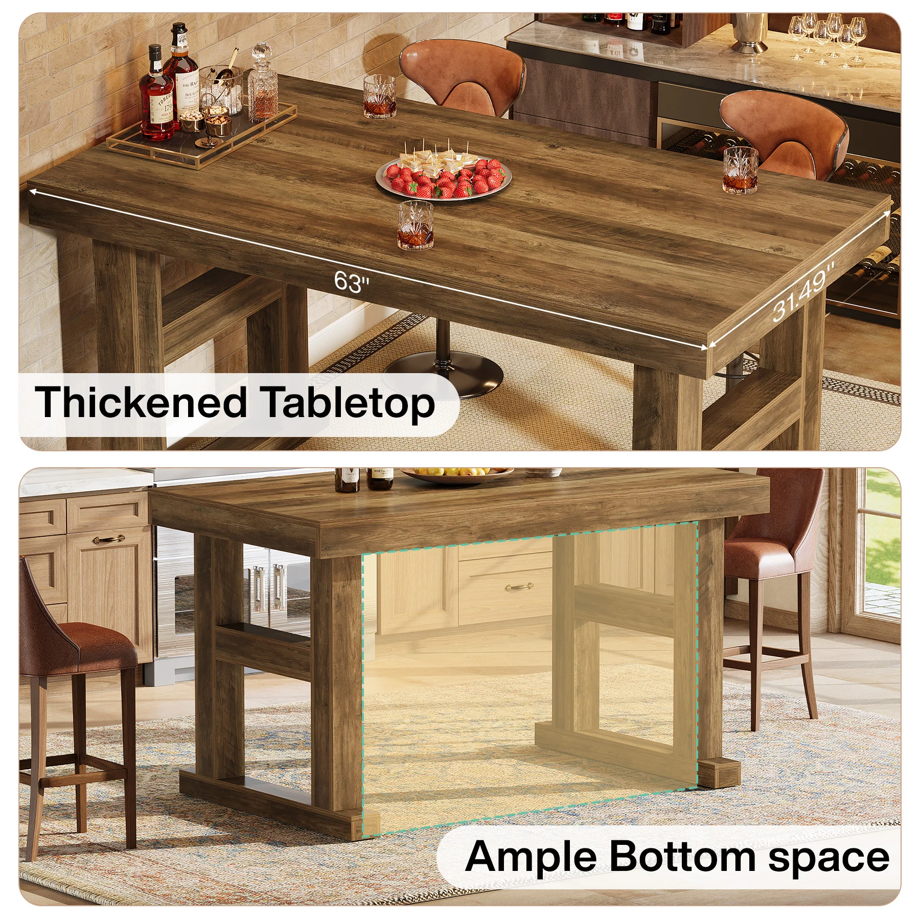 63" Farmhouse Bar Table, Counter Height Pub Table for 4-6 People with Sturdy H-Frame Legs - Image 7
