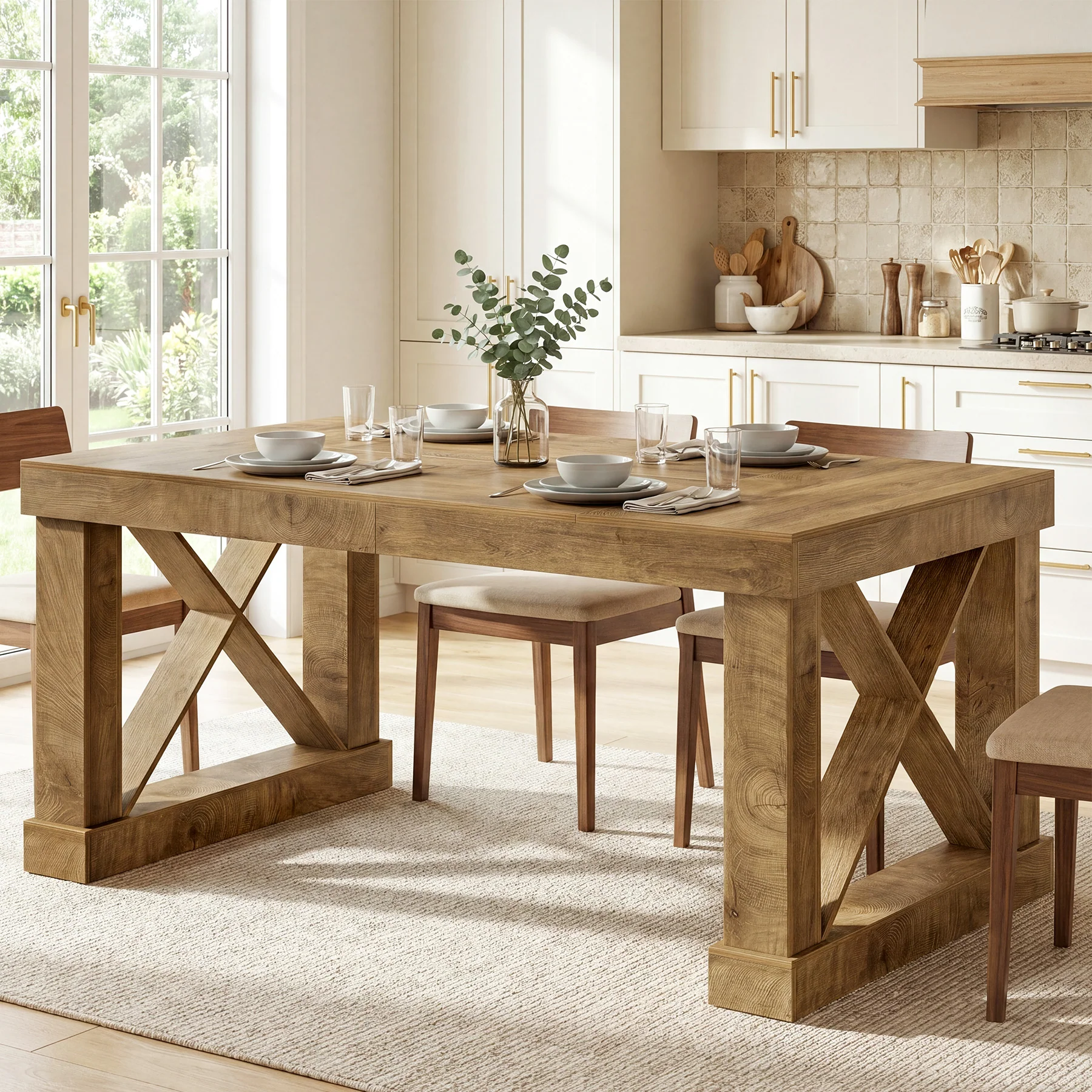 63" Farmhouse Dining Table for 4-6 People, Rectangular Wood Kitchen Table with Heavy-Duty X Legs