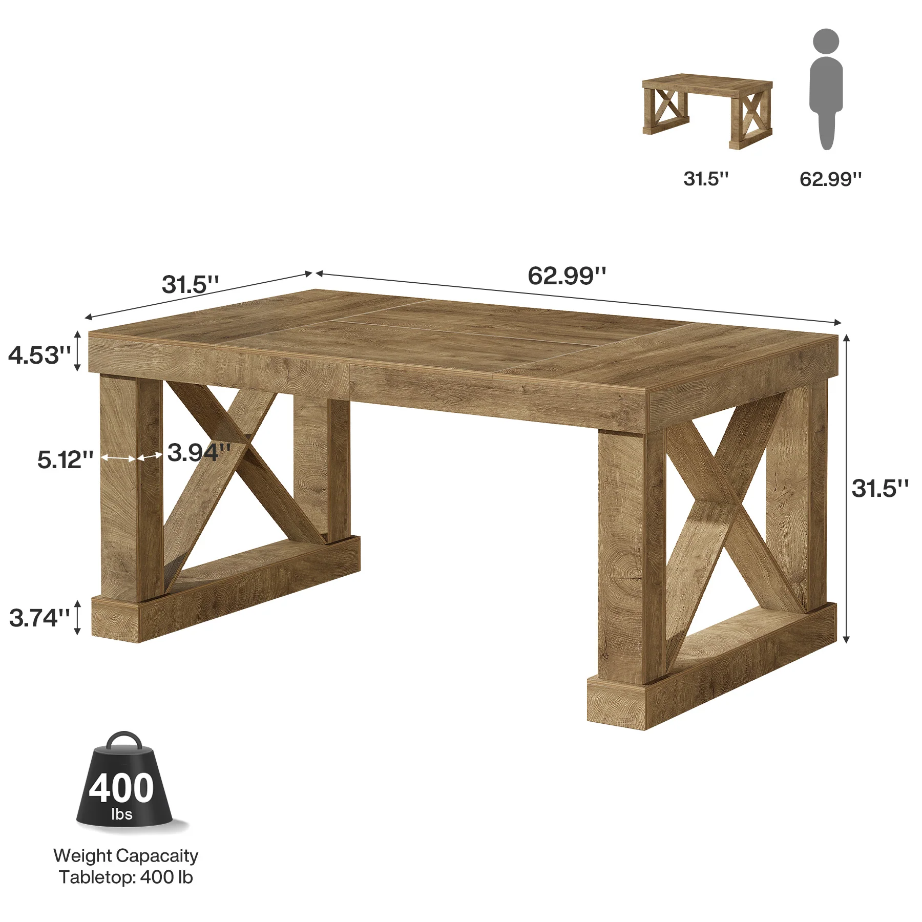 63" Farmhouse Dining Table for 4-6 People, Rectangular Wood Kitchen Table with Heavy-Duty X Legs - Image 2