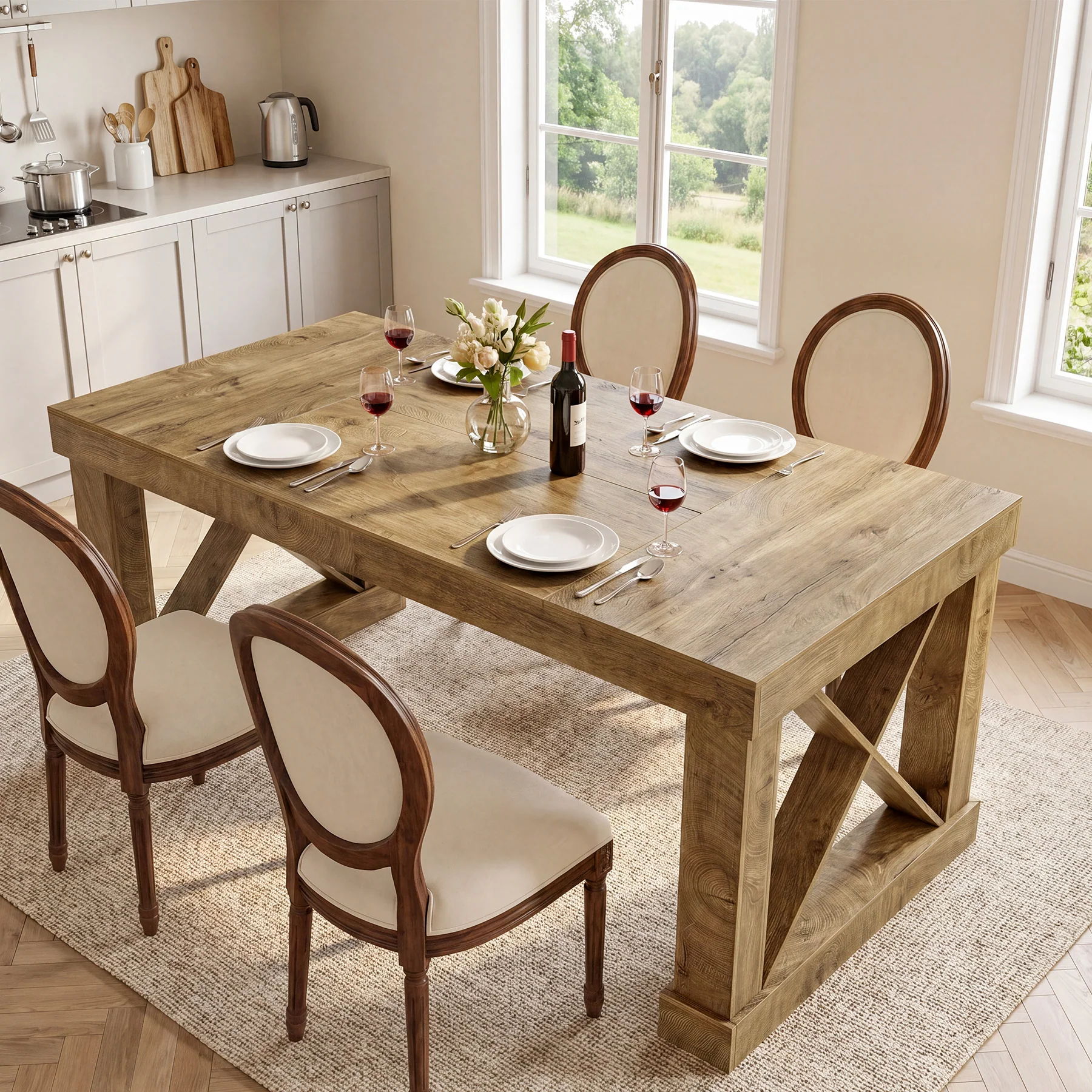 63" Farmhouse Dining Table for 4-6 People, Rectangular Wood Kitchen Table with Heavy-Duty X Legs - Image 5
