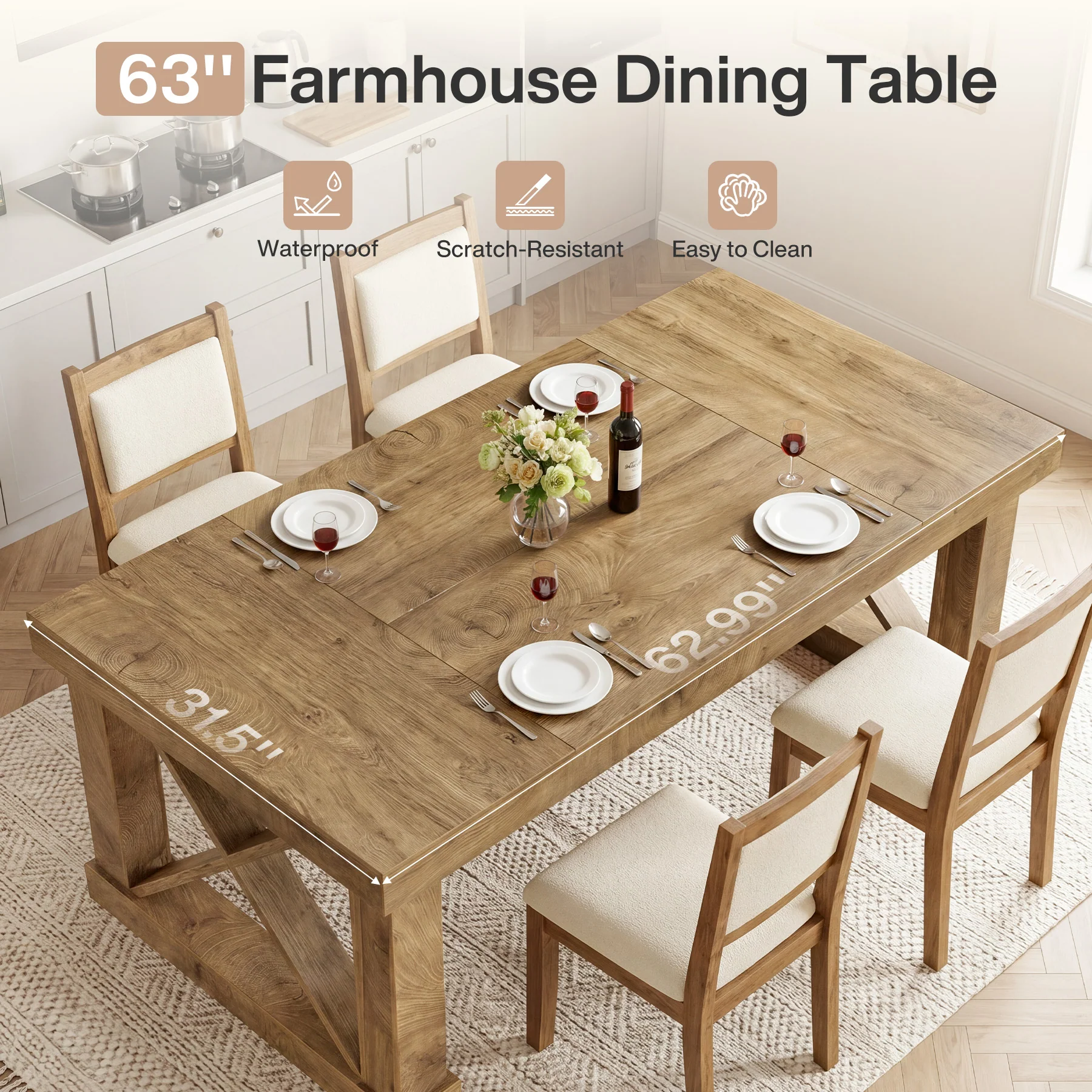 63" Farmhouse Dining Table for 4-6 People, Rectangular Wood Kitchen Table with Heavy-Duty X Legs - Image 6