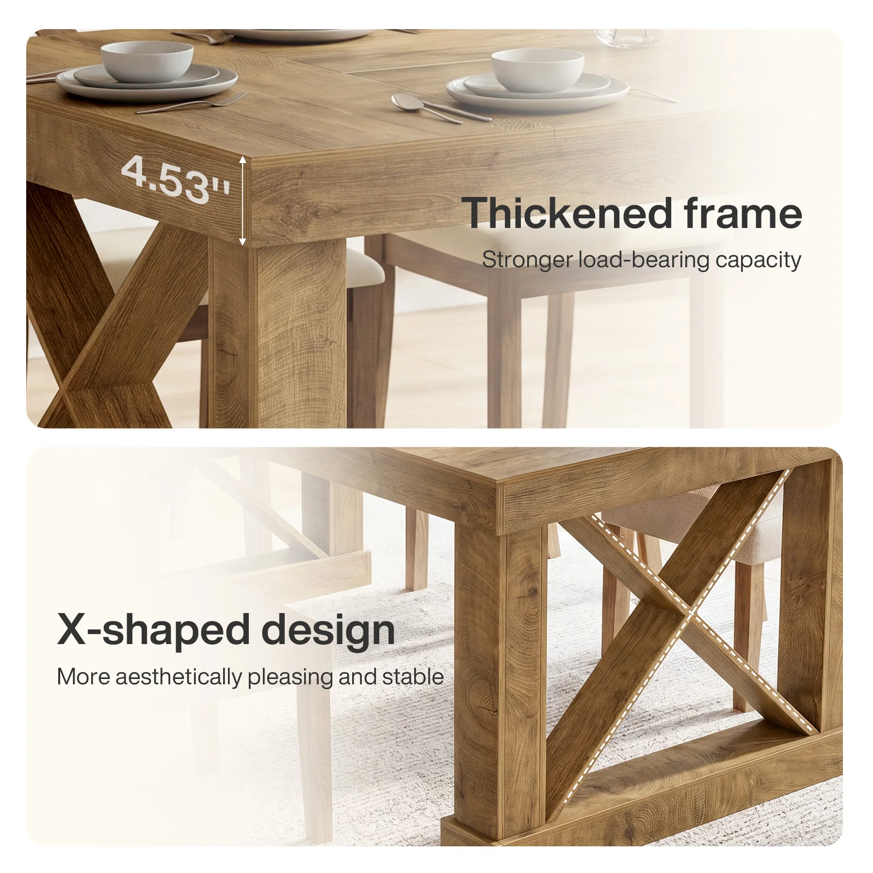 63" Farmhouse Dining Table for 4-6 People, Rectangular Wood Kitchen Table with Heavy-Duty X Legs - Image 7