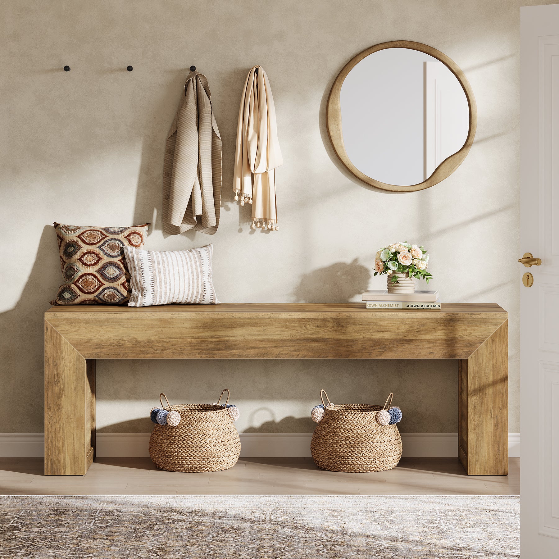 63" Farmhouse Entryway Bench, Wooden Shoe Storage Bench for Hallway, End of Bed, or Dining Seating - Image 3