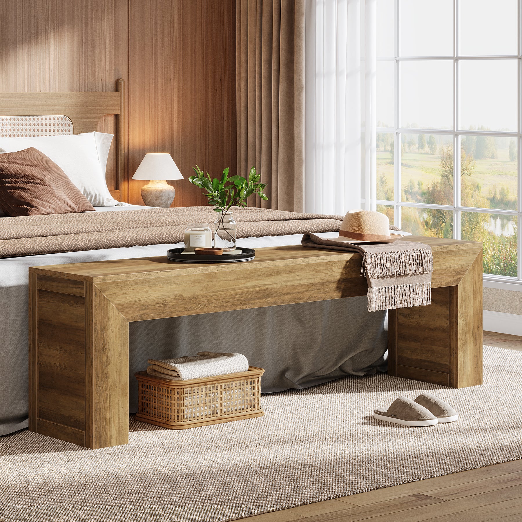 63" Farmhouse Entryway Bench, Wooden Shoe Storage Bench for Hallway, End of Bed, or Dining Seating - Image 4