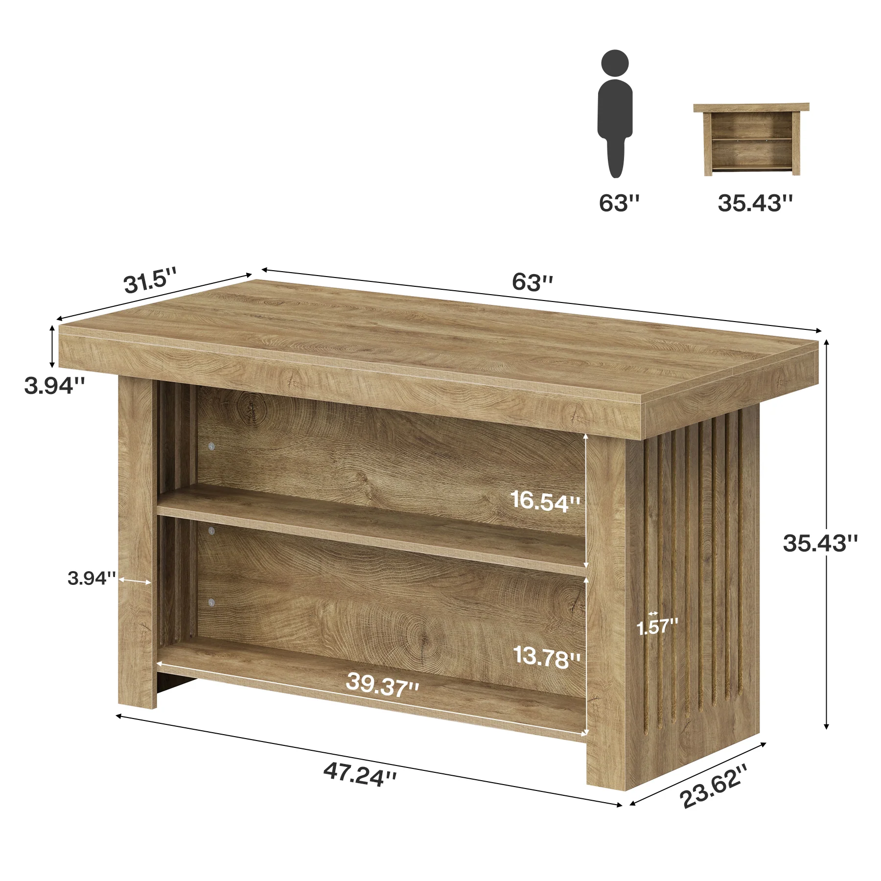 63" Farmhouse Island Table, Large Kitchen Counter with Open Shelves for Dining Room - Image 2