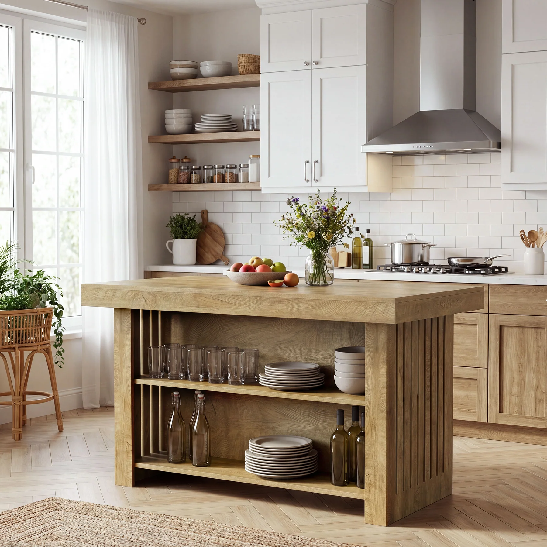 63" Farmhouse Island Table, Large Kitchen Counter with Open Shelves for Dining Room - Image 3