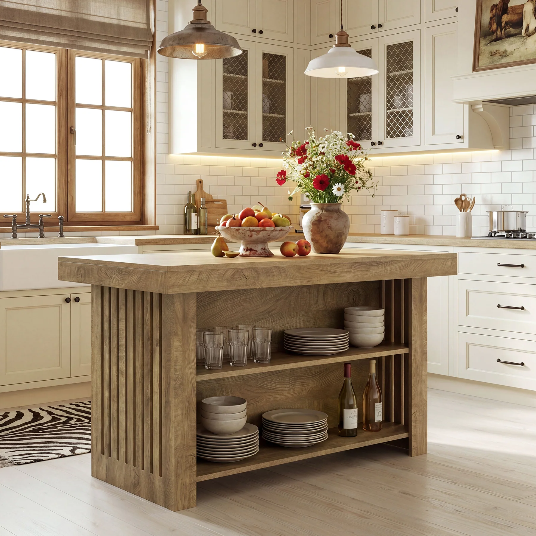 63" Farmhouse Island Table, Large Kitchen Counter with Open Shelves for Dining Room - Image 4