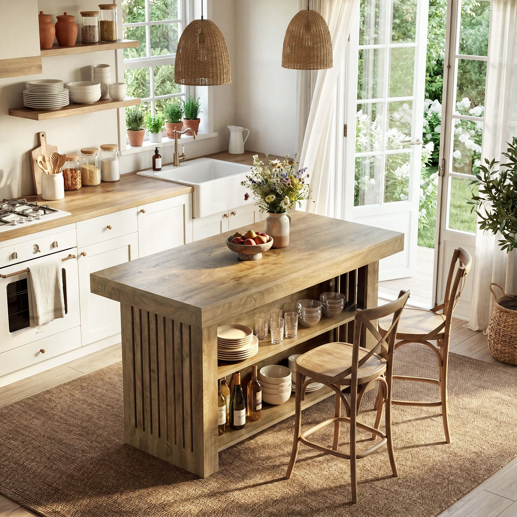 63" Farmhouse Island Table, Large Kitchen Counter with Open Shelves for Dining Room - Image 5