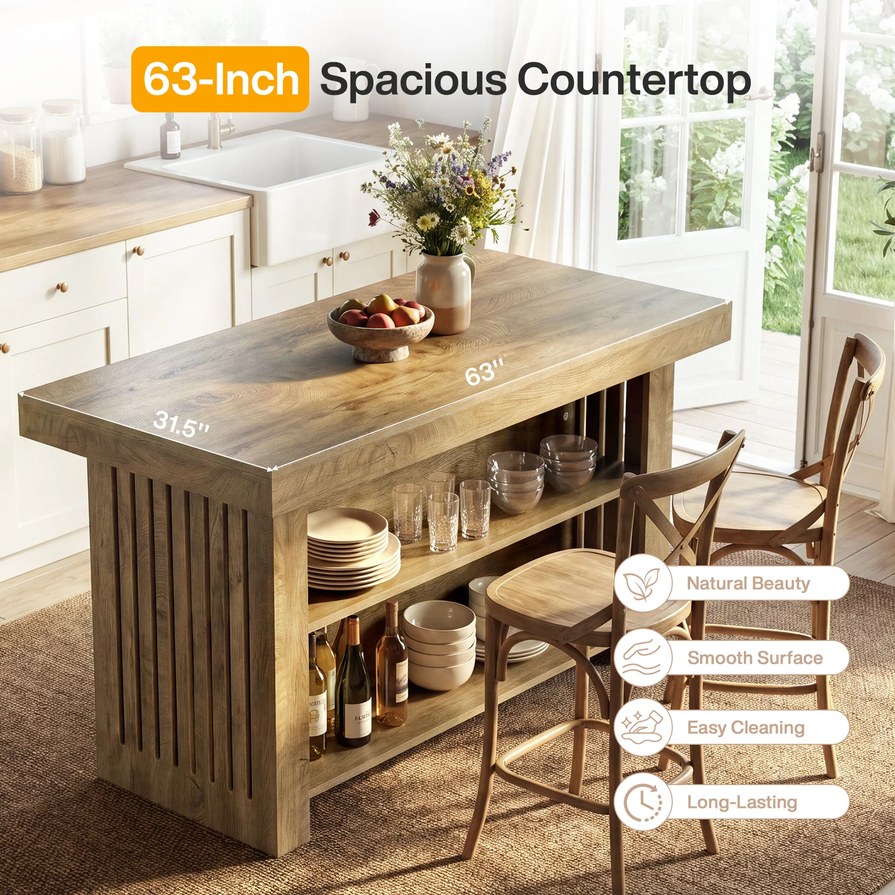 63" Farmhouse Island Table, Large Kitchen Counter with Open Shelves for Dining Room - Image 7