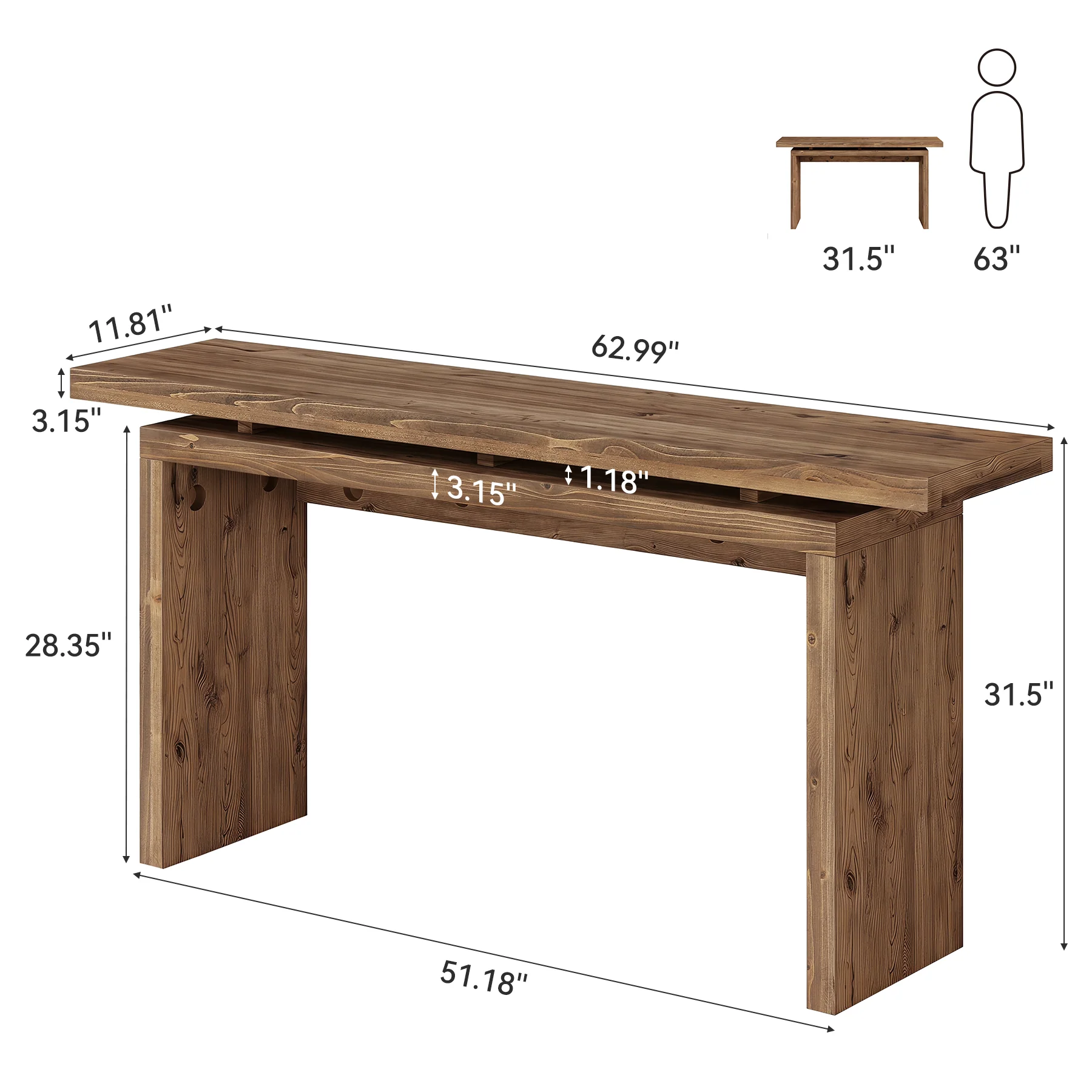 63“ Solid Wood Console Table, Farmhouse Narrow Long Sofa Table Behind the Couch for Living Room - Image 2
