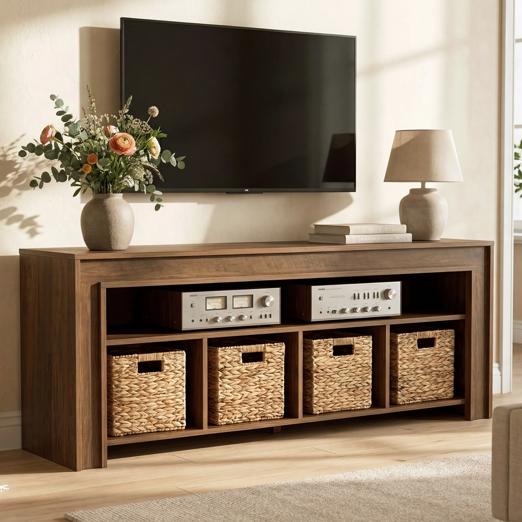 63" Farmhouse TV Stand for 55–70 Inch TVs, Media Console with Baskets & Open Storage