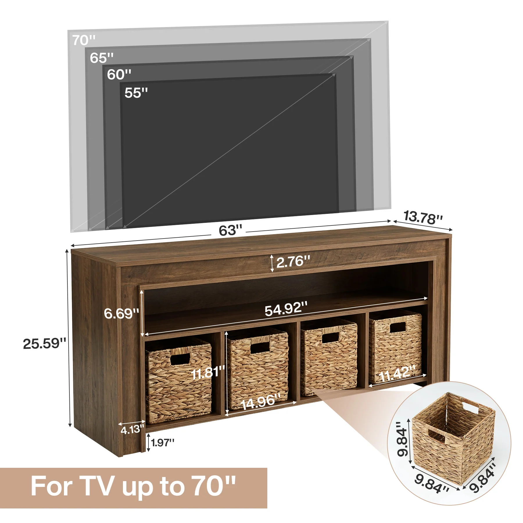 63" Farmhouse TV Stand for 55–70 Inch TVs, Media Console with Baskets & Open Storage - Image 2