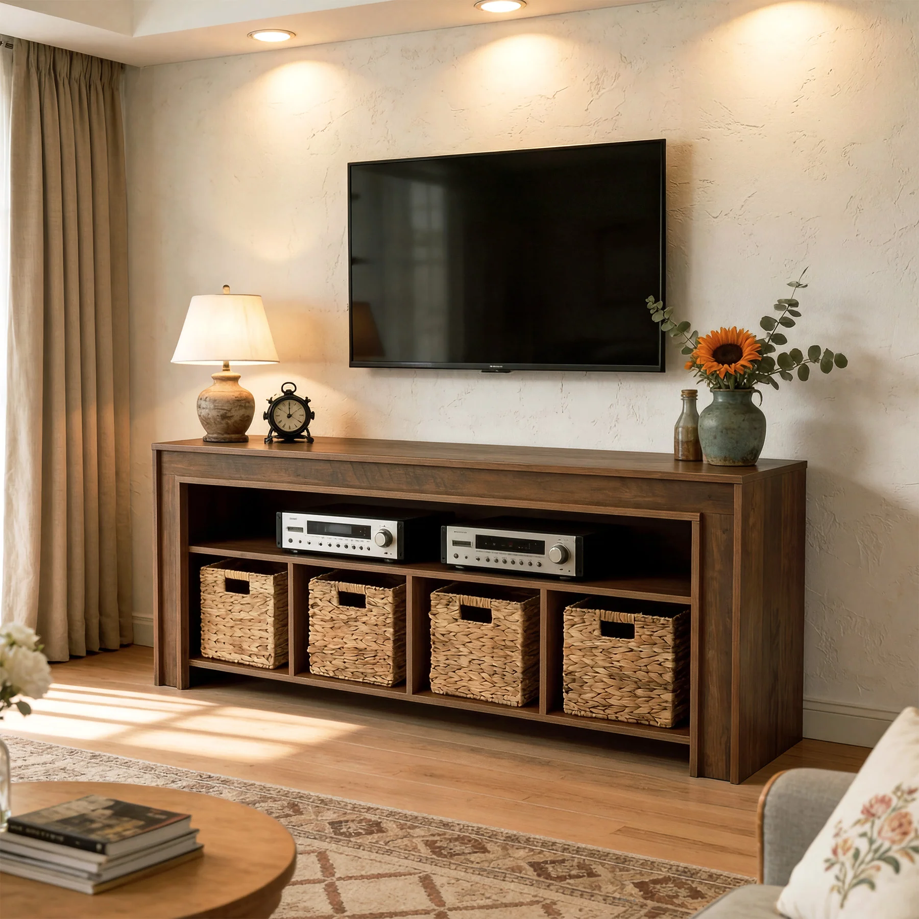 63" Farmhouse TV Stand for 55–70 Inch TVs, Media Console with Baskets & Open Storage - Image 3